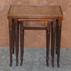 Vintage Nest of Three Flamed Hardwood with Glass Tops Tables Ideal as Side End