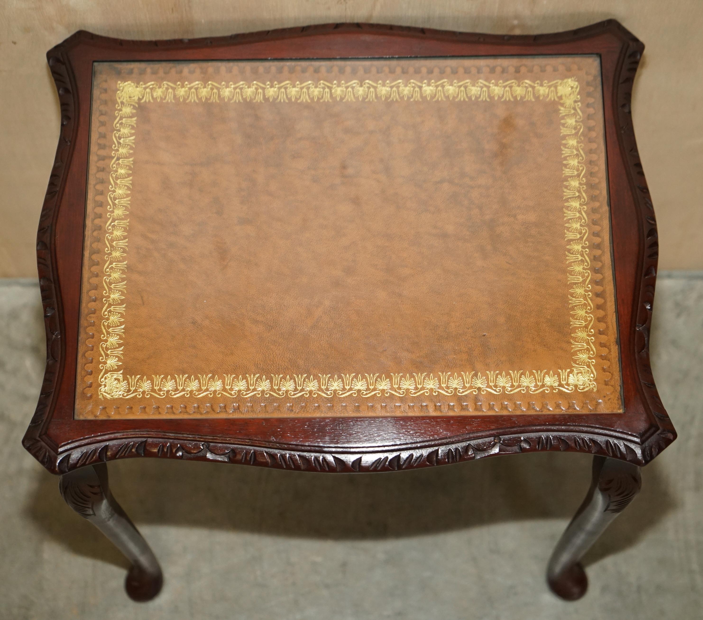 Vintage Nest of Three Gold Leaf Embossed Brown Leather Tops Side End Wine Tables For Sale 8