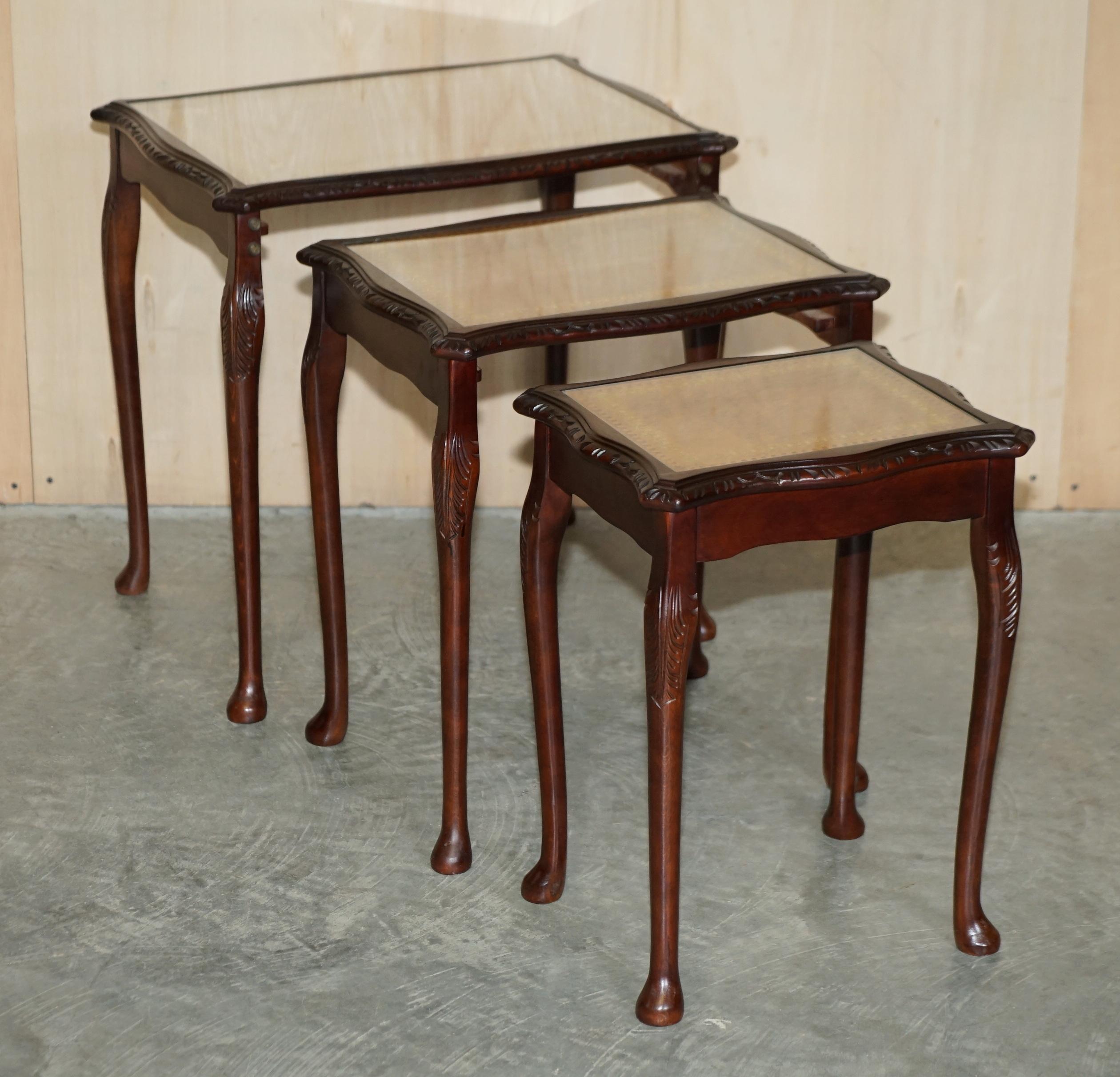 Country Vintage Nest of Three Gold Leaf Embossed Brown Leather Tops Side End Wine Tables For Sale