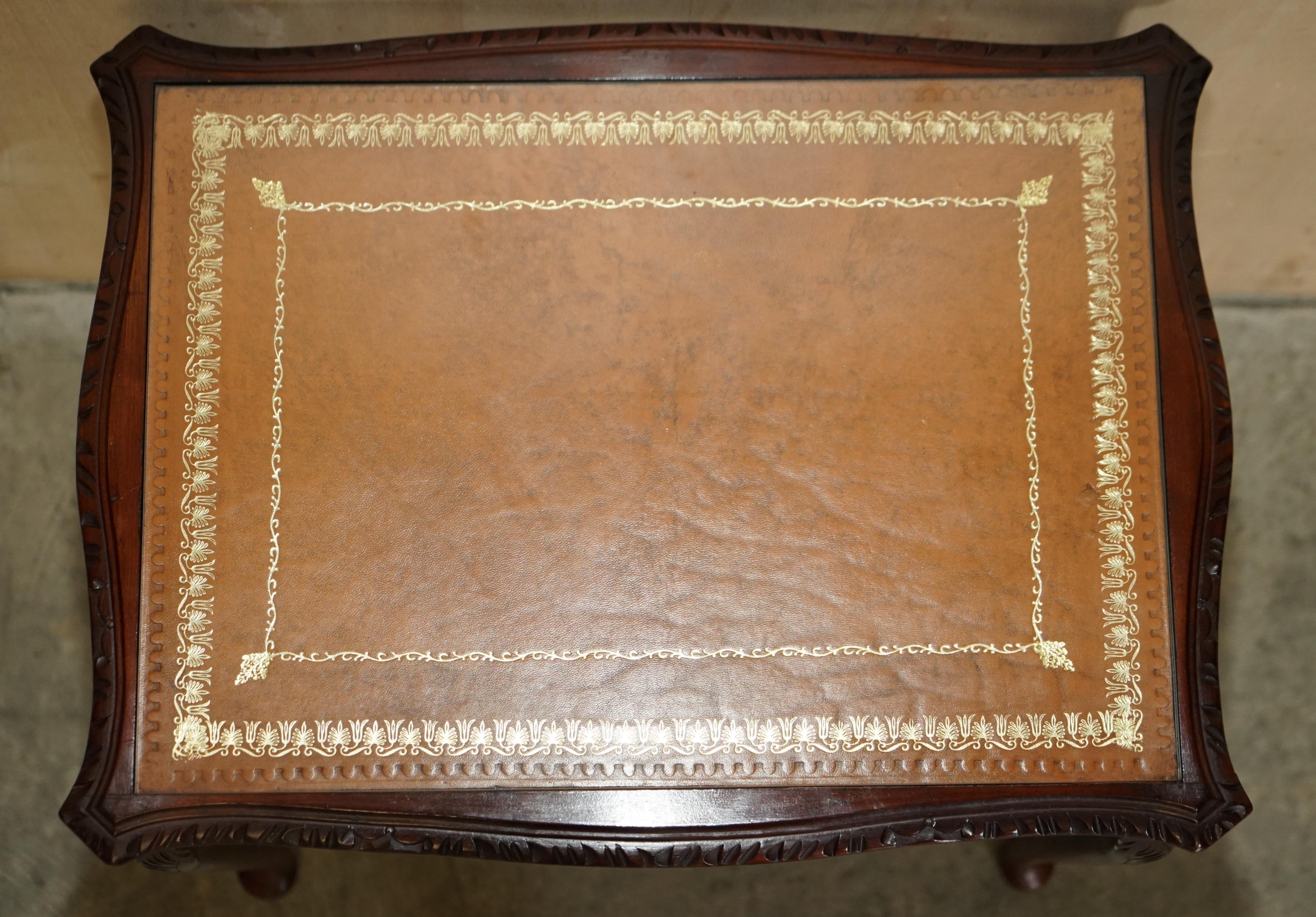 Vintage Nest of Three Gold Leaf Embossed Brown Leather Tops Side End Wine Tables For Sale 2