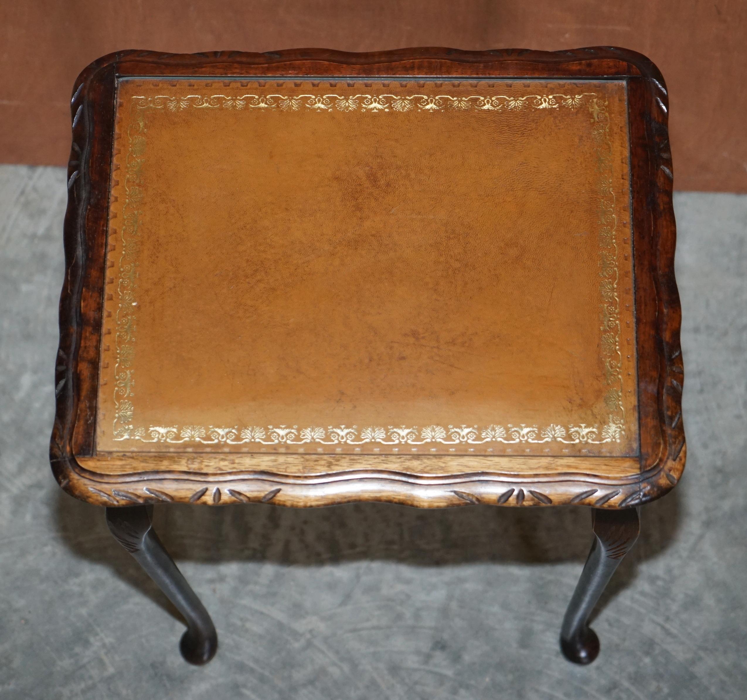 Vintage Nest of Three Hardwood with Gold Leaf Embossed Brown Leather Tops Tables For Sale 4