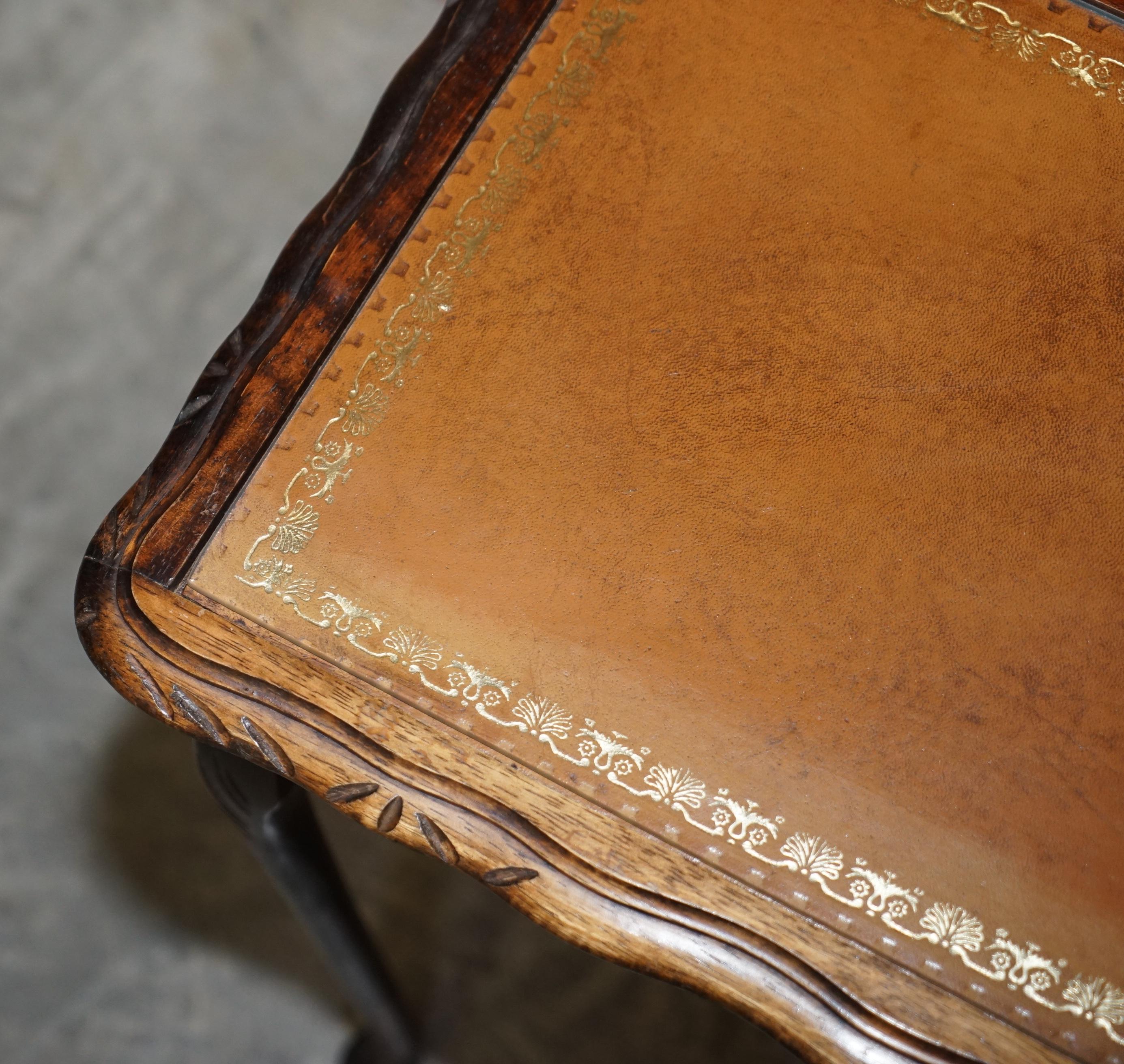 Vintage Nest of Three Hardwood with Gold Leaf Embossed Brown Leather Tops Tables For Sale 5