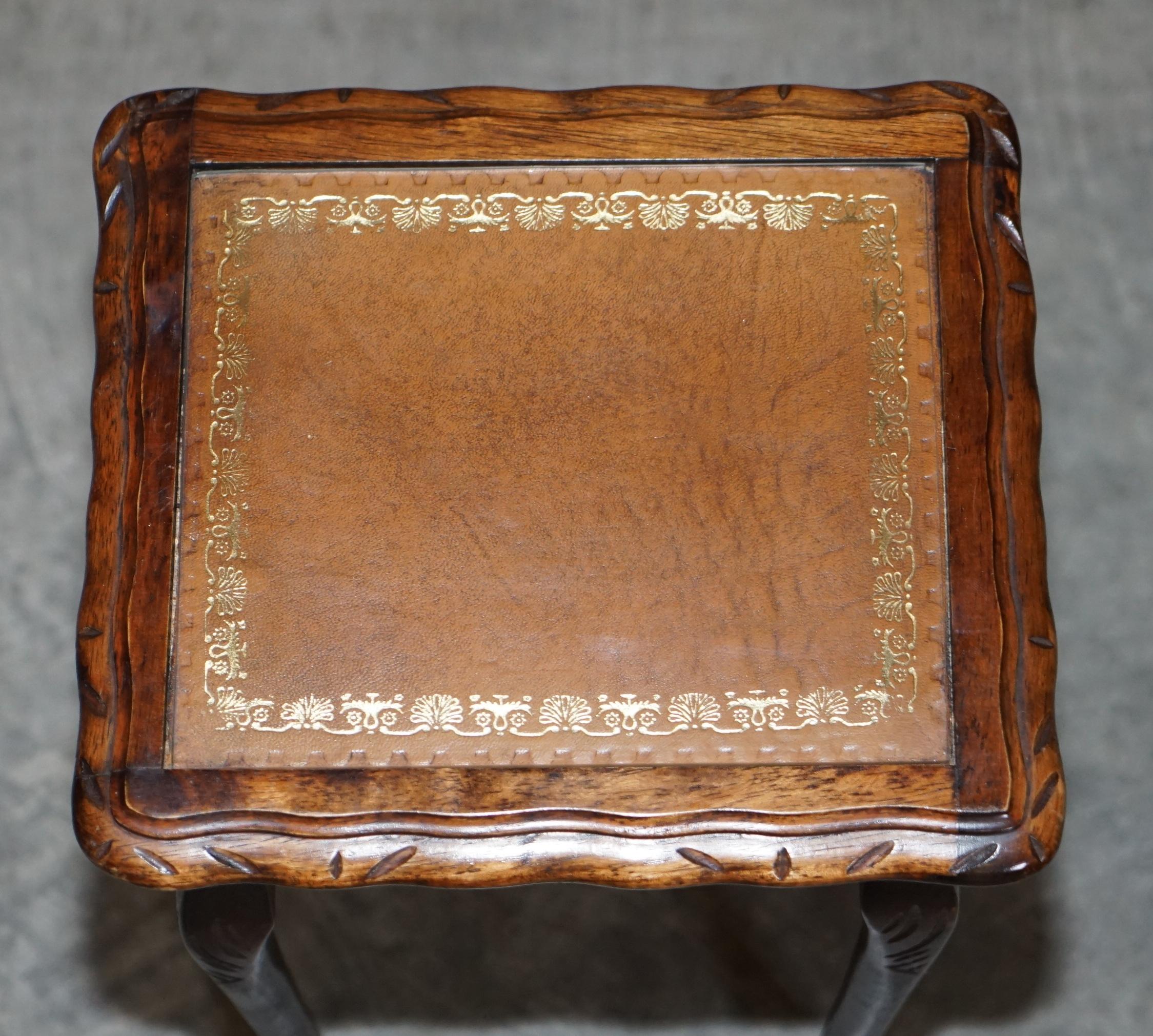 Vintage Nest of Three Hardwood with Gold Leaf Embossed Brown Leather Tops Tables For Sale 8