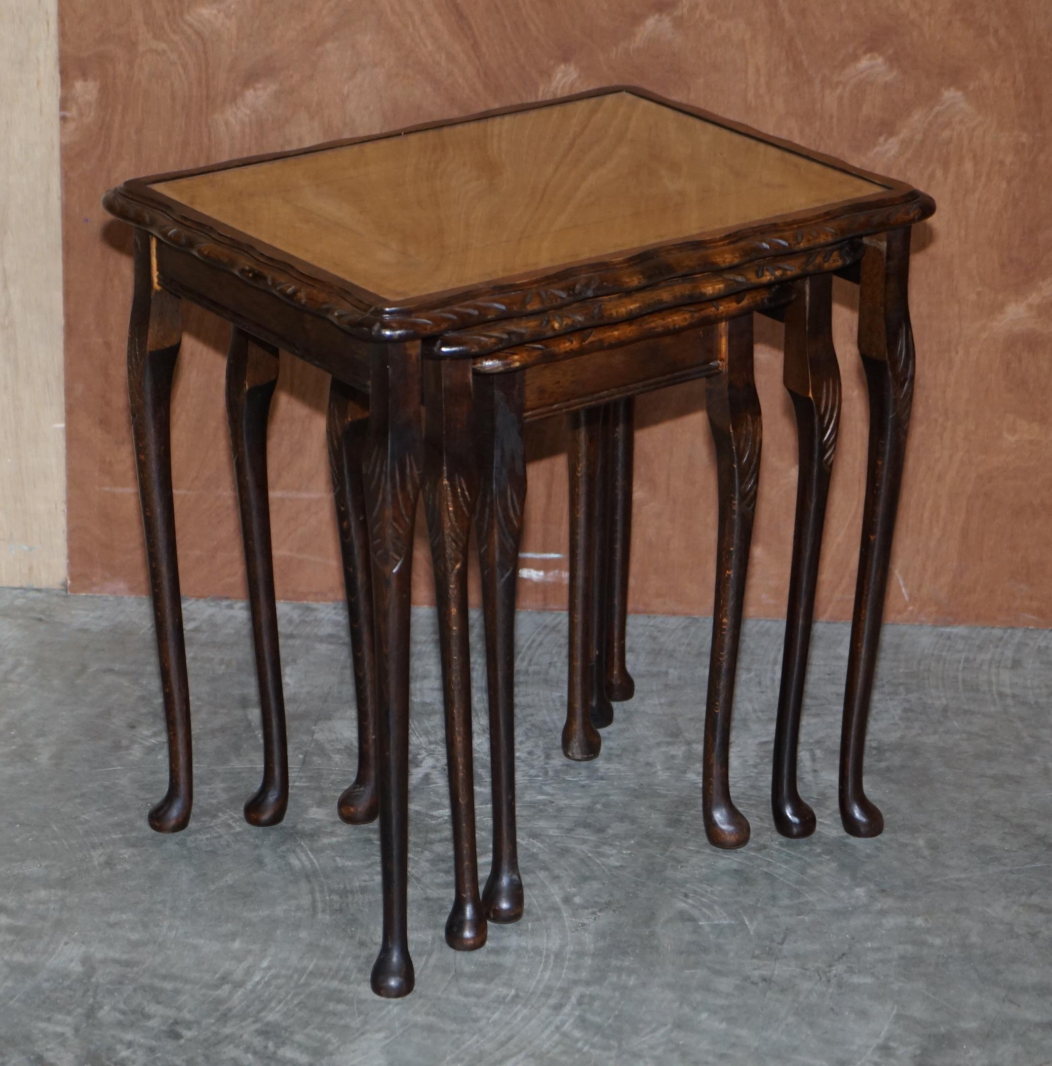 Victorian Vintage Nest of Three Hardwood with Gold Leaf Embossed Brown Leather Tops Tables For Sale