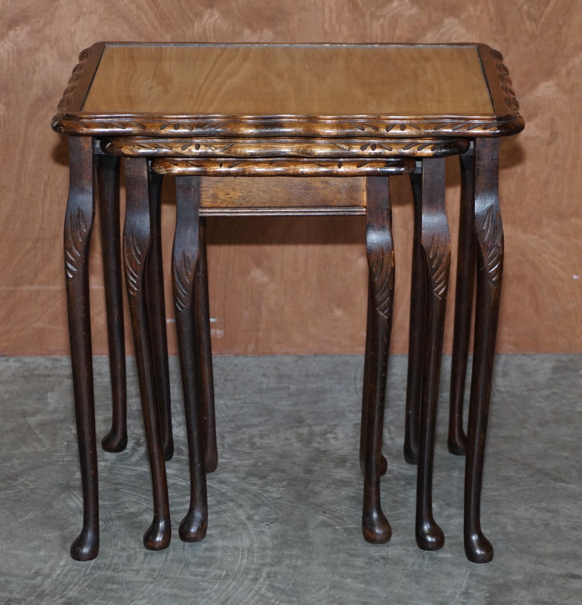 English Vintage Nest of Three Hardwood with Gold Leaf Embossed Brown Leather Tops Tables For Sale