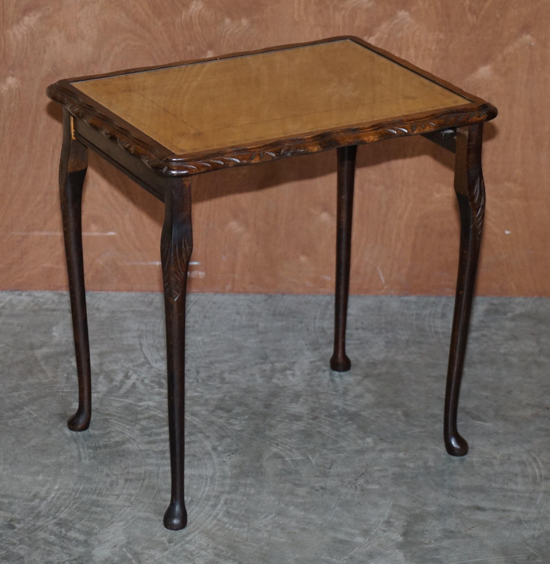 Hand-Crafted Vintage Nest of Three Hardwood with Gold Leaf Embossed Brown Leather Tops Tables For Sale
