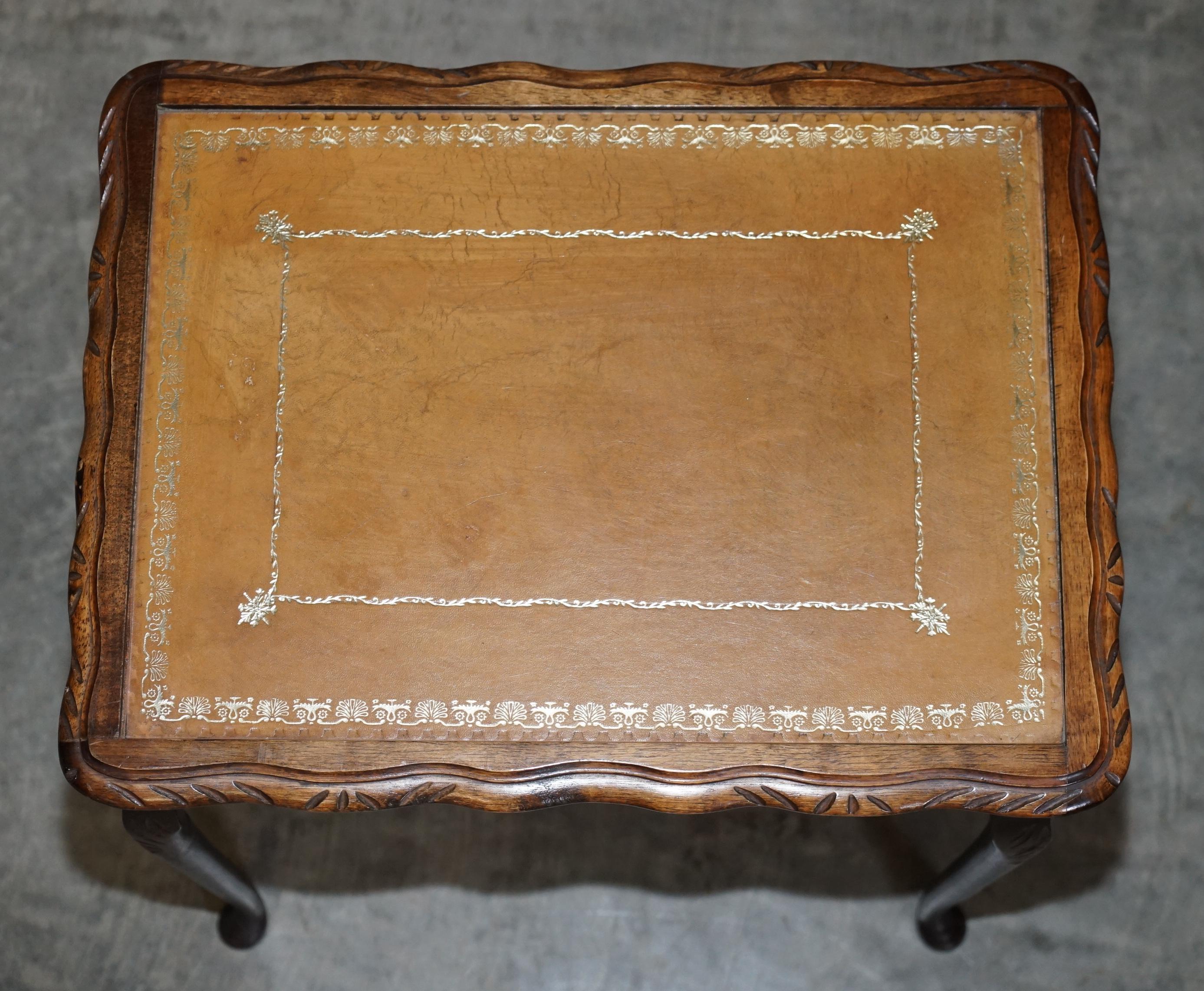 20th Century Vintage Nest of Three Hardwood with Gold Leaf Embossed Brown Leather Tops Tables For Sale