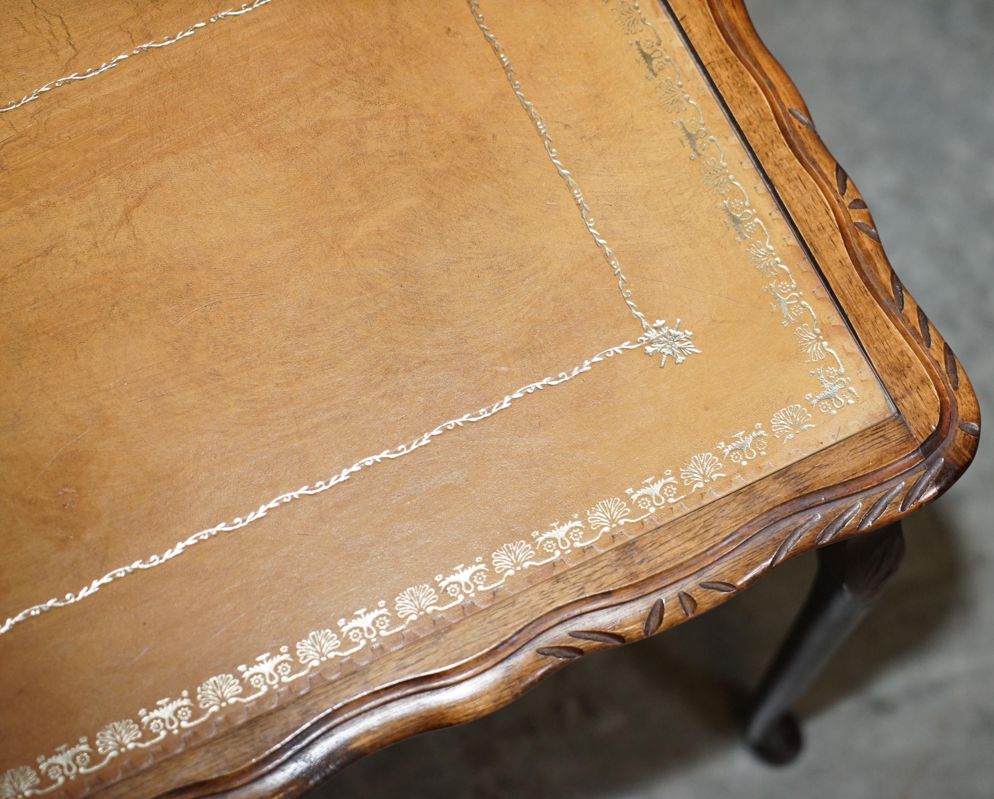 Vintage Nest of Three Hardwood with Gold Leaf Embossed Brown Leather Tops Tables For Sale 2