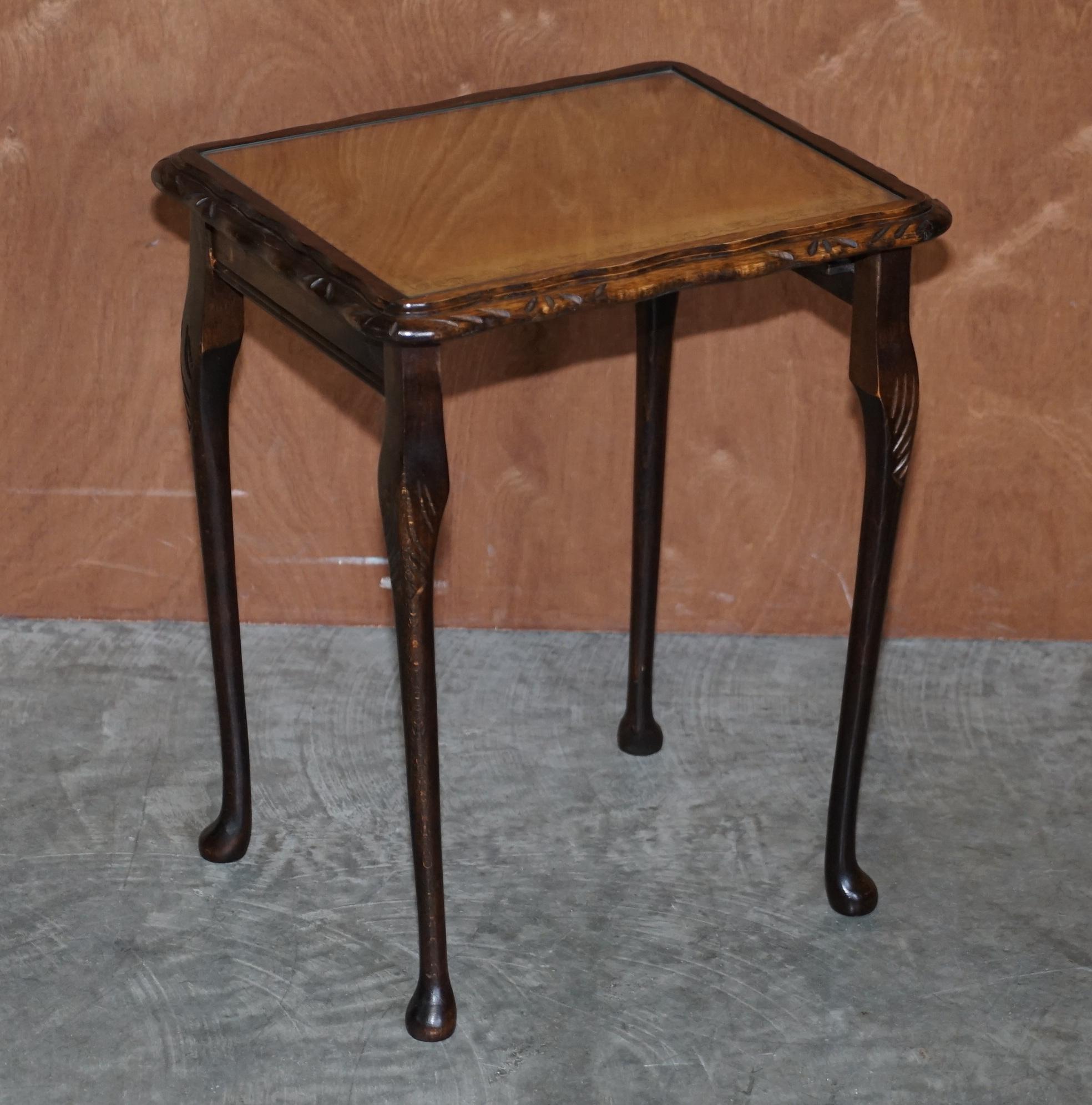 Vintage Nest of Three Hardwood with Gold Leaf Embossed Brown Leather Tops Tables For Sale 3