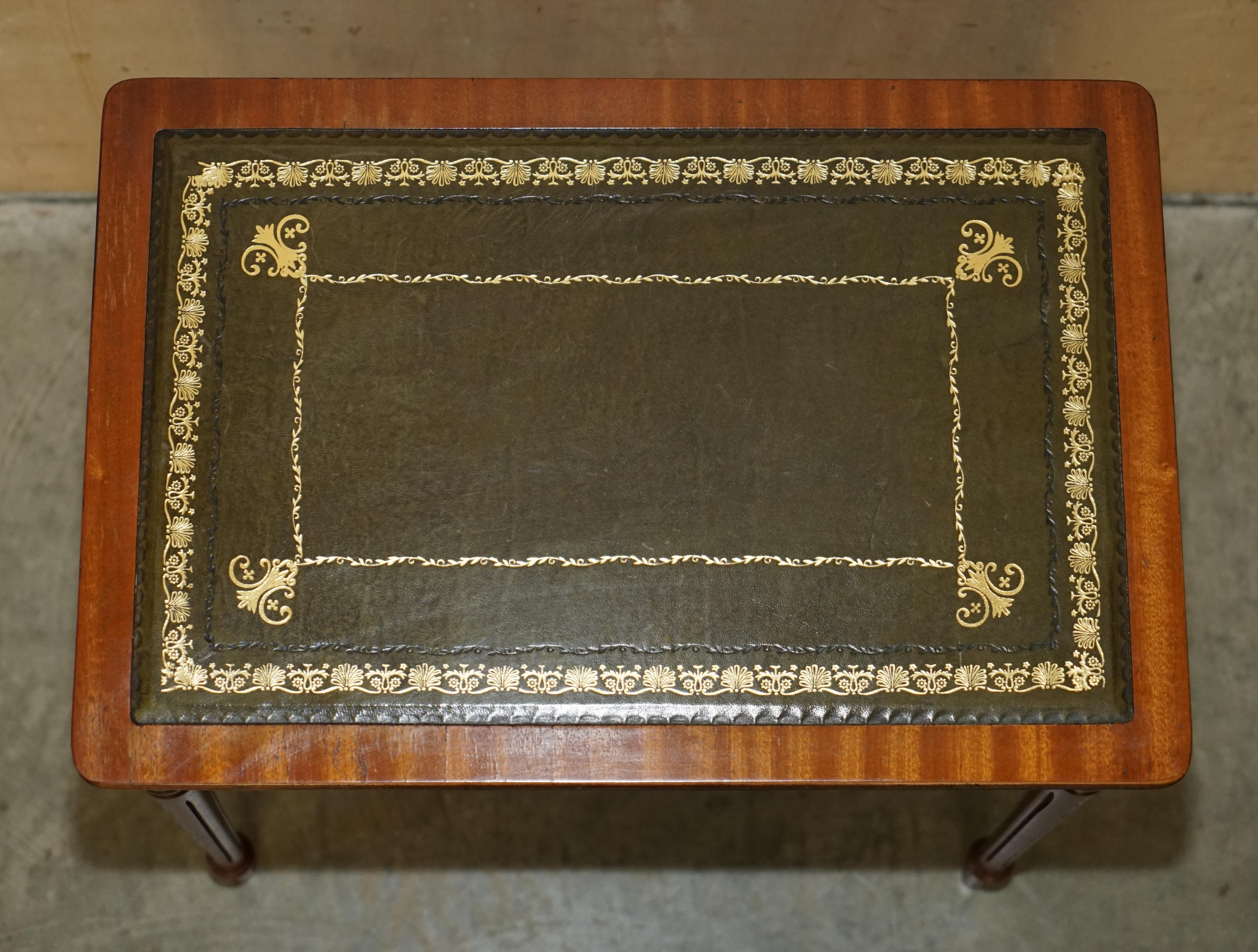 Vintage Nest of Three Hardwood with Gold Leaf Embossed Green Leather Tops Tables For Sale 4