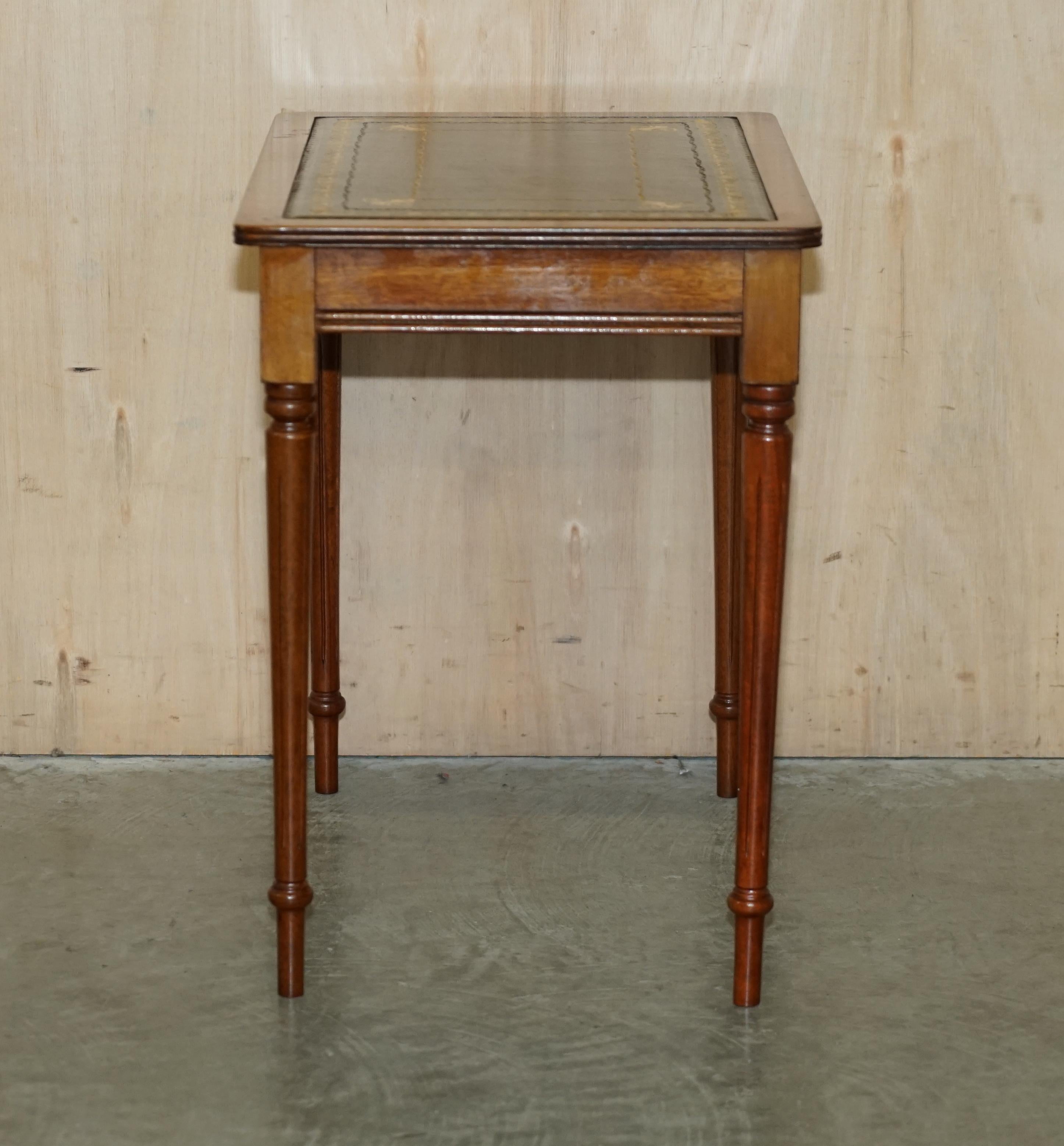 Vintage Nest of Three Hardwood with Gold Leaf Embossed Green Leather Tops Tables For Sale 9