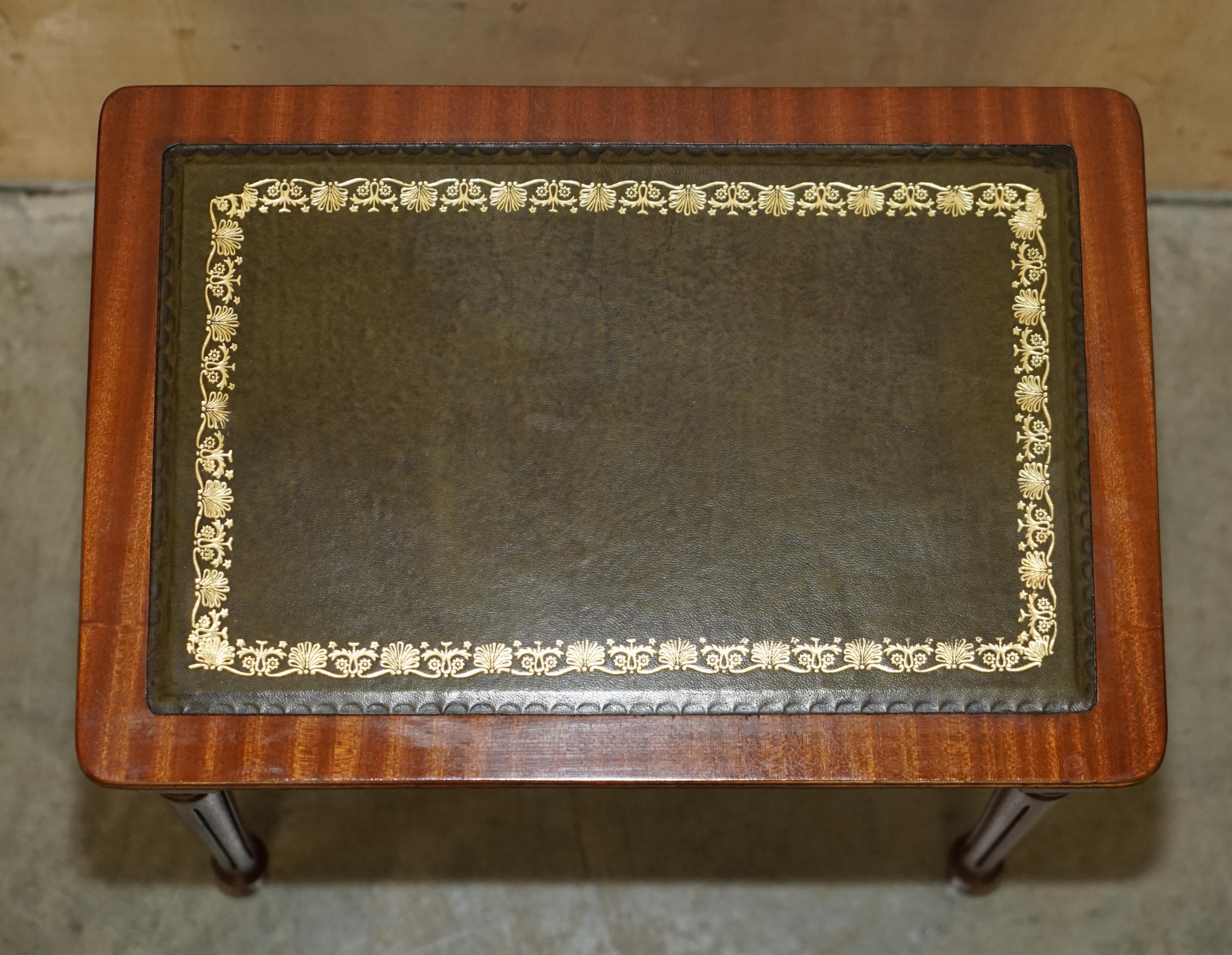 Vintage Nest of Three Hardwood with Gold Leaf Embossed Green Leather Tops Tables For Sale 11