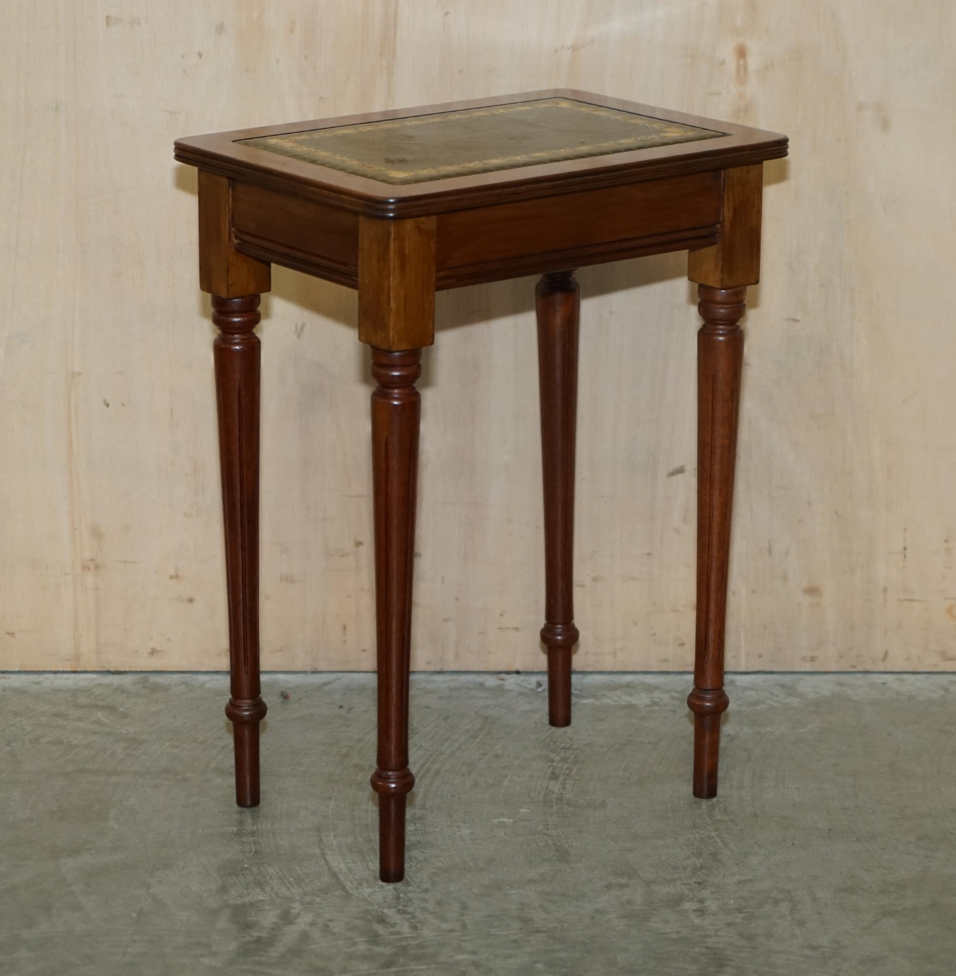 Vintage Nest of Three Hardwood with Gold Leaf Embossed Green Leather Tops Tables For Sale 12