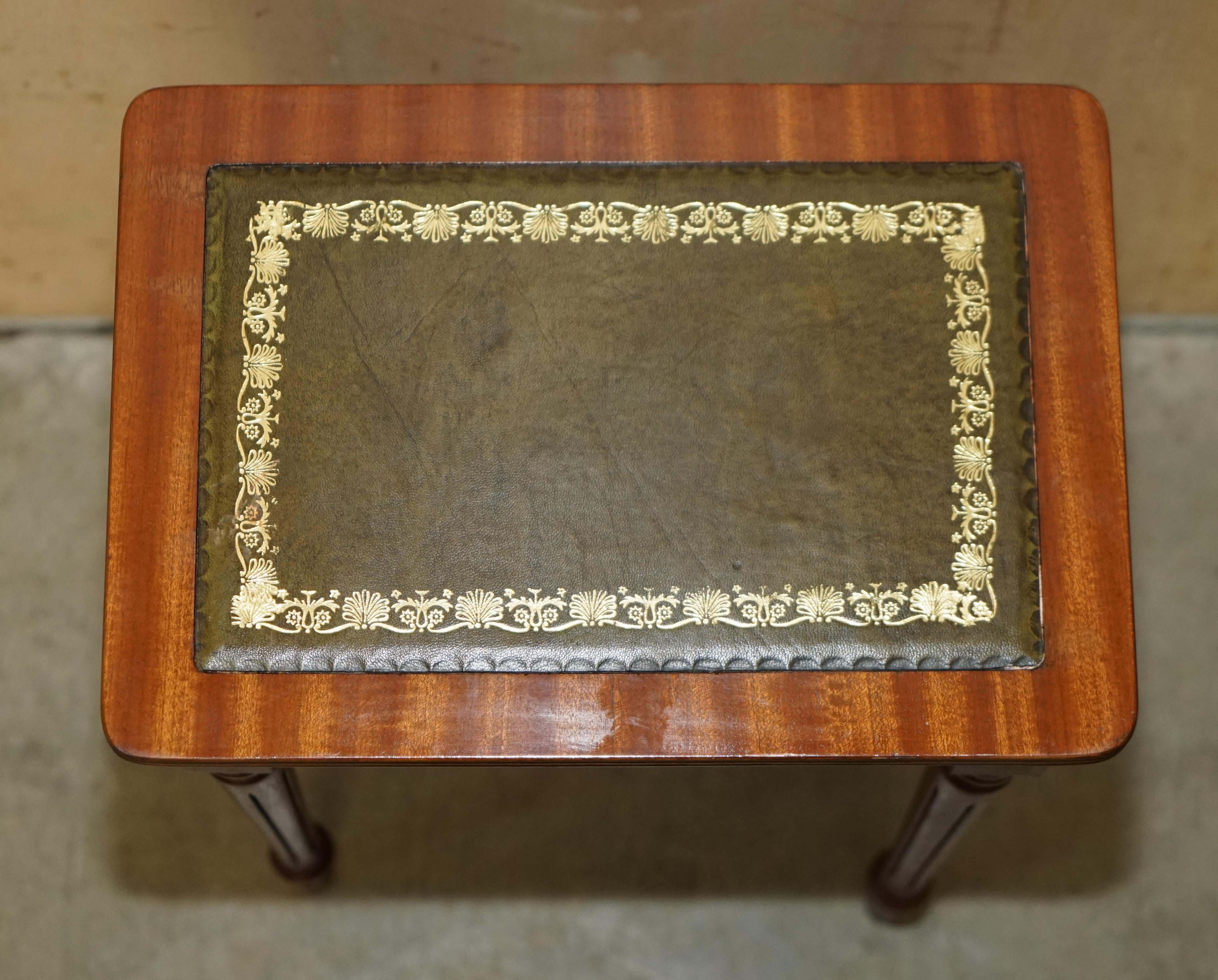Vintage Nest of Three Hardwood with Gold Leaf Embossed Green Leather Tops Tables For Sale 14