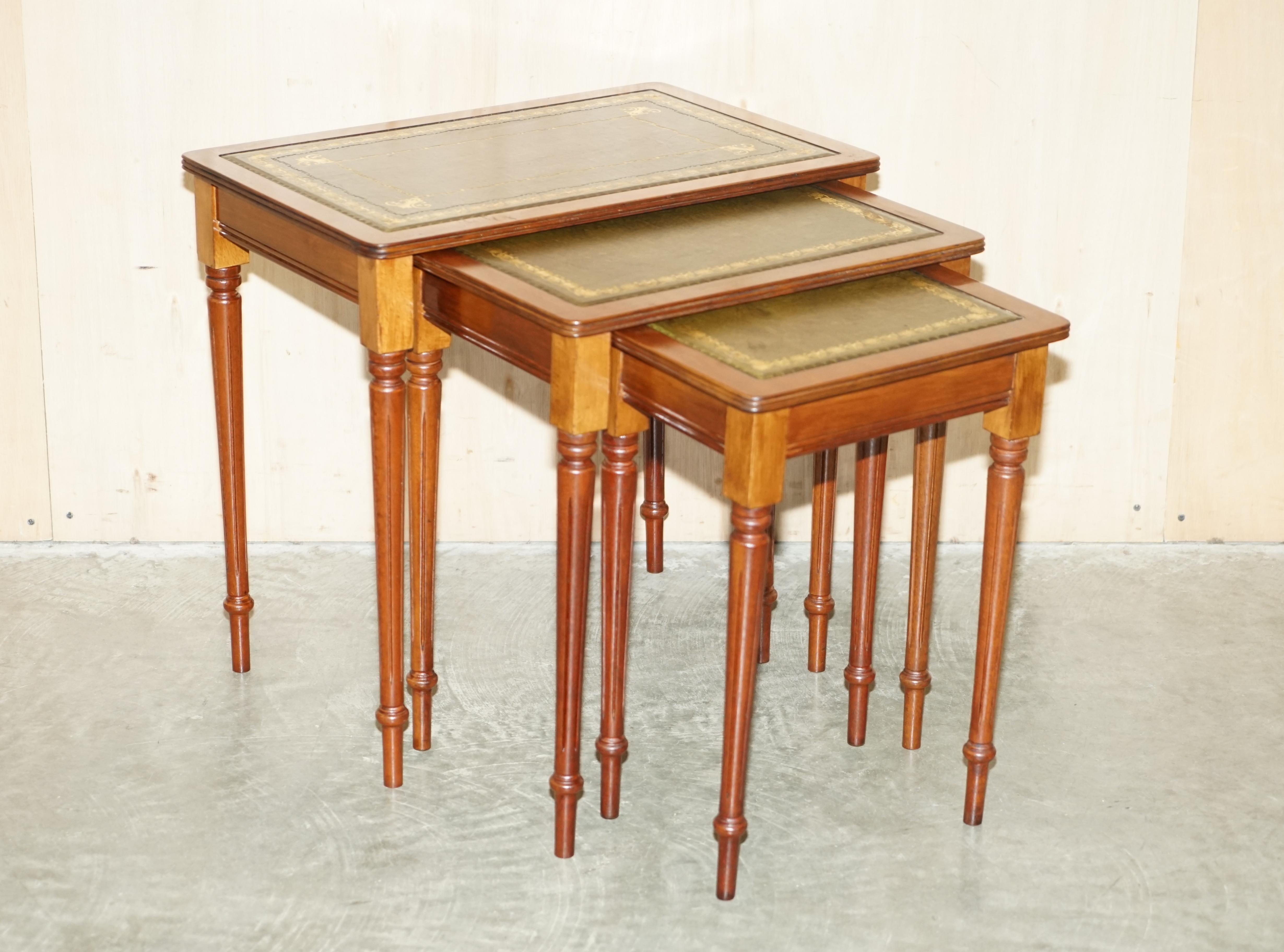 Country Vintage Nest of Three Hardwood with Gold Leaf Embossed Green Leather Tops Tables For Sale