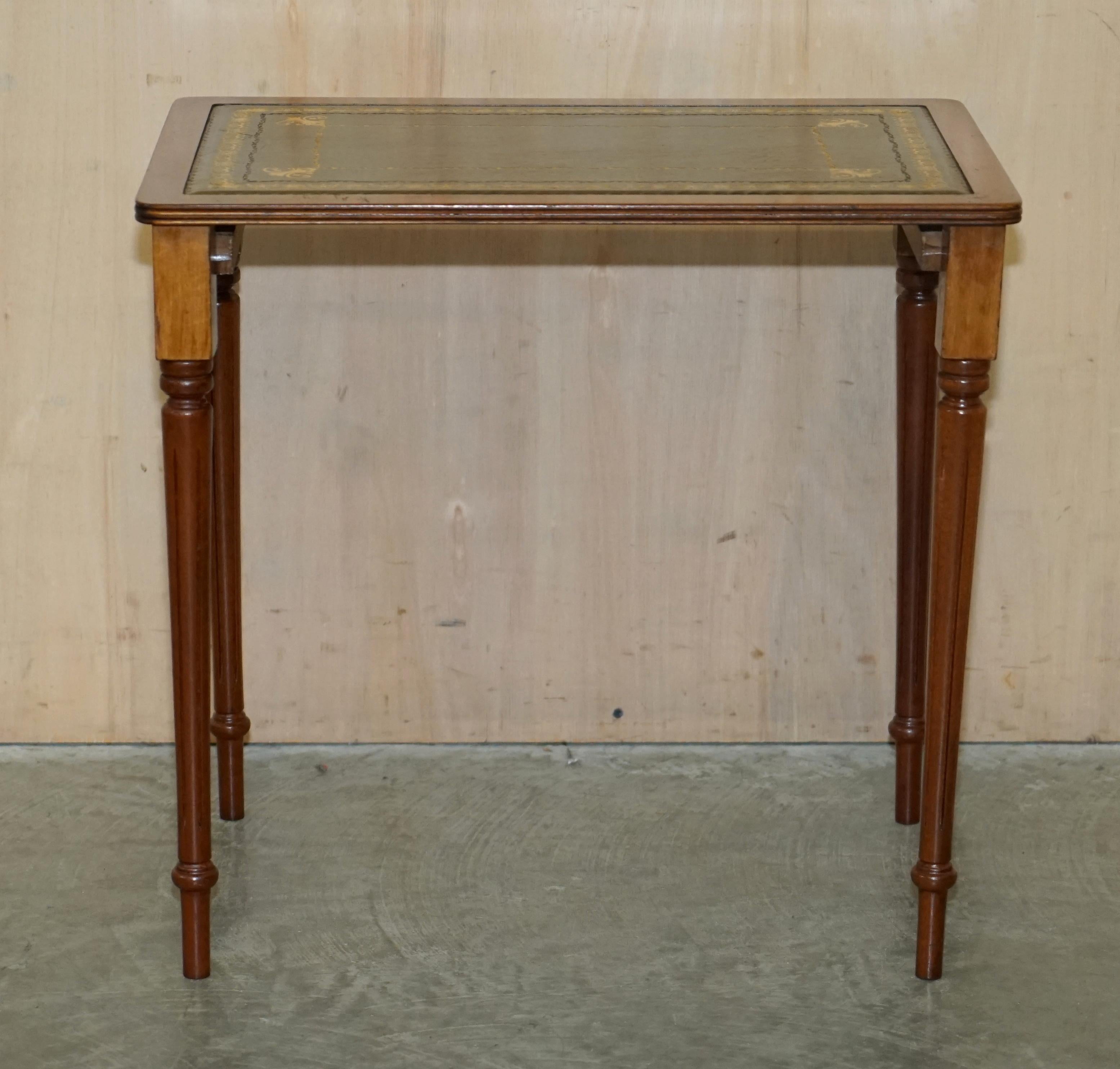 Hand-Crafted Vintage Nest of Three Hardwood with Gold Leaf Embossed Green Leather Tops Tables For Sale