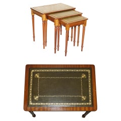 Vintage Nest of Three Hardwood with Gold Leaf Embossed Green Leather Tops Tables