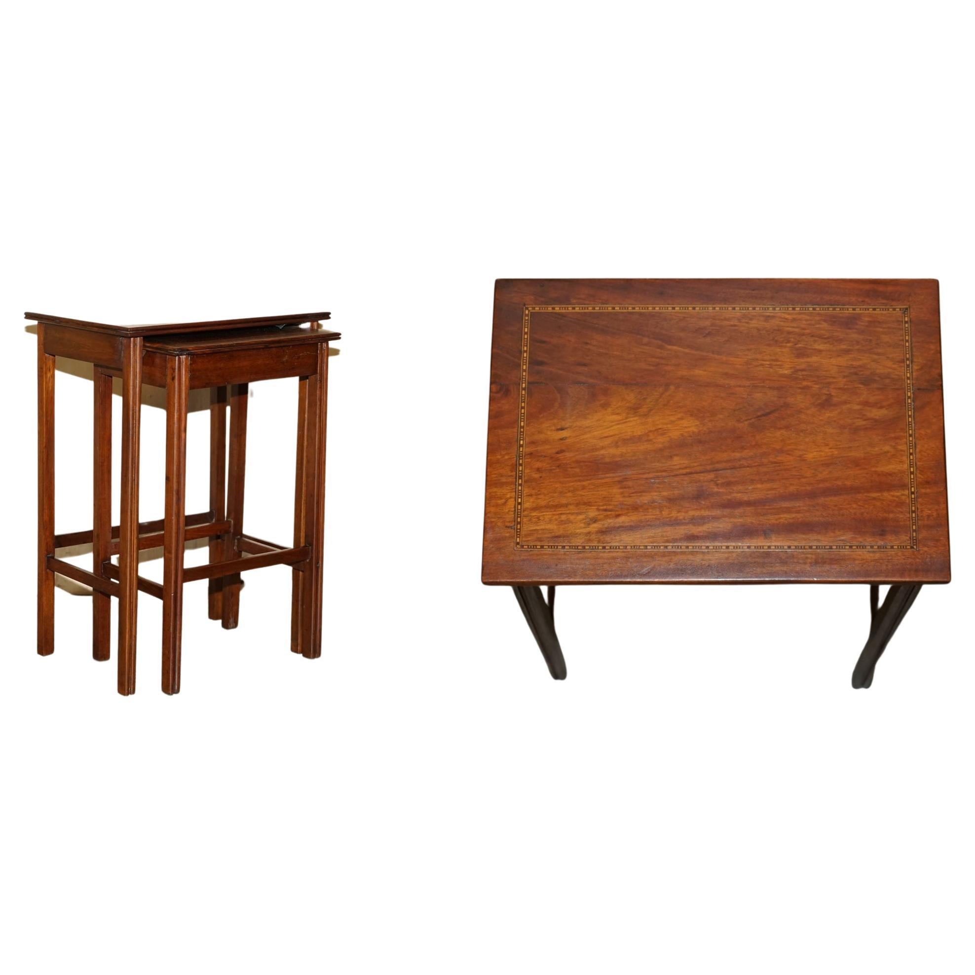 Vintage Nest of Two Flamed Hardwood Tables with Lovely Boxwood Inlaid Boarder's For Sale