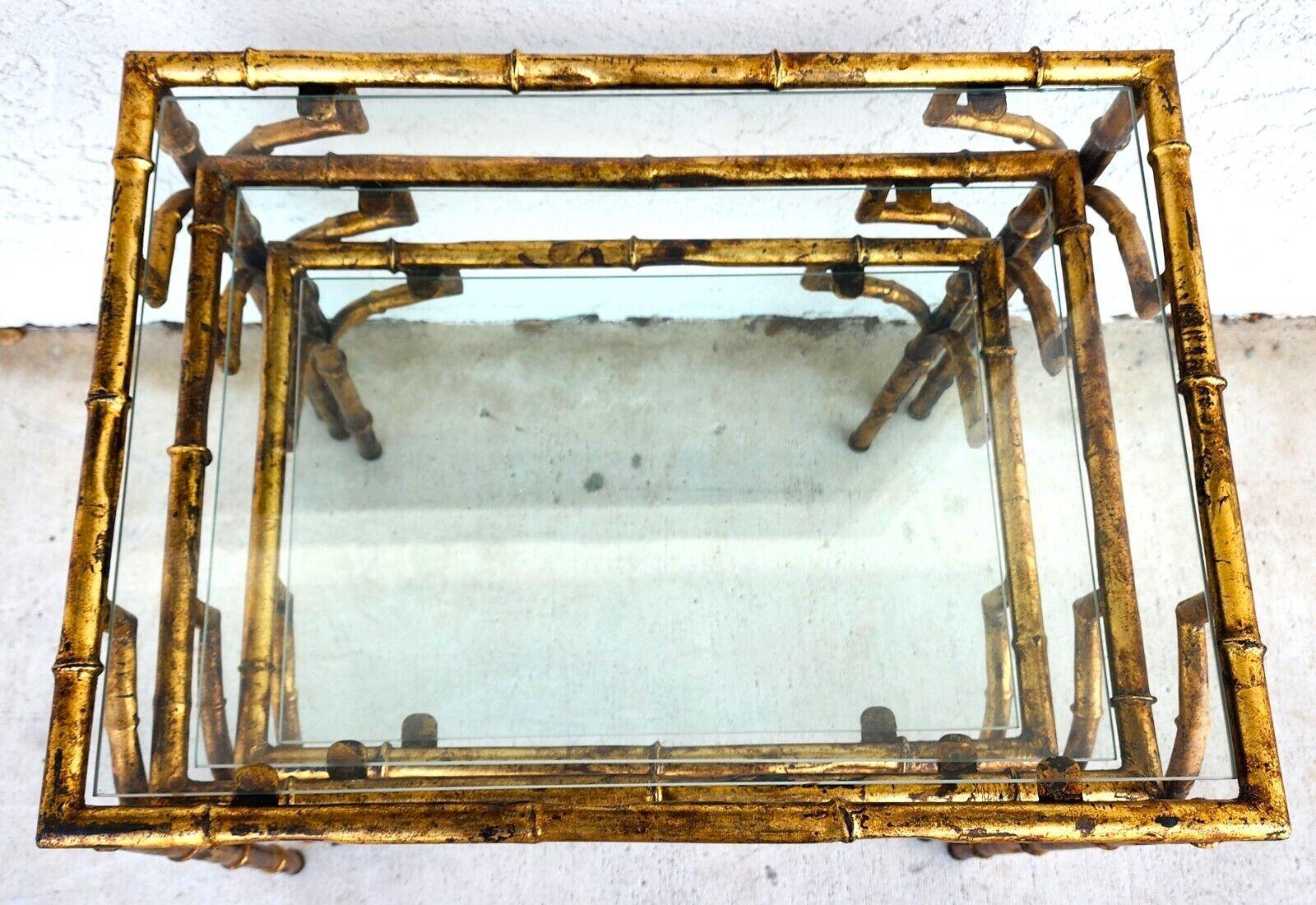Gilt Vintage Nesting Tables Gilded Faux Bamboo Set of 3 For Sale