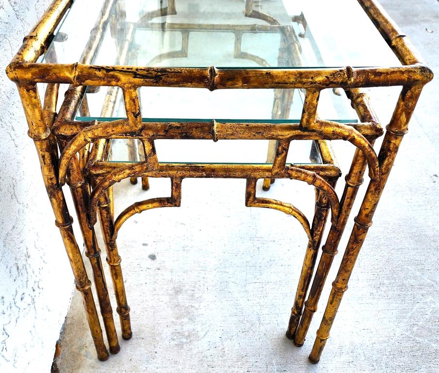 Vintage Nesting Tables Gilded Faux Bamboo Set of 3 In Good Condition For Sale In Lake Worth, FL