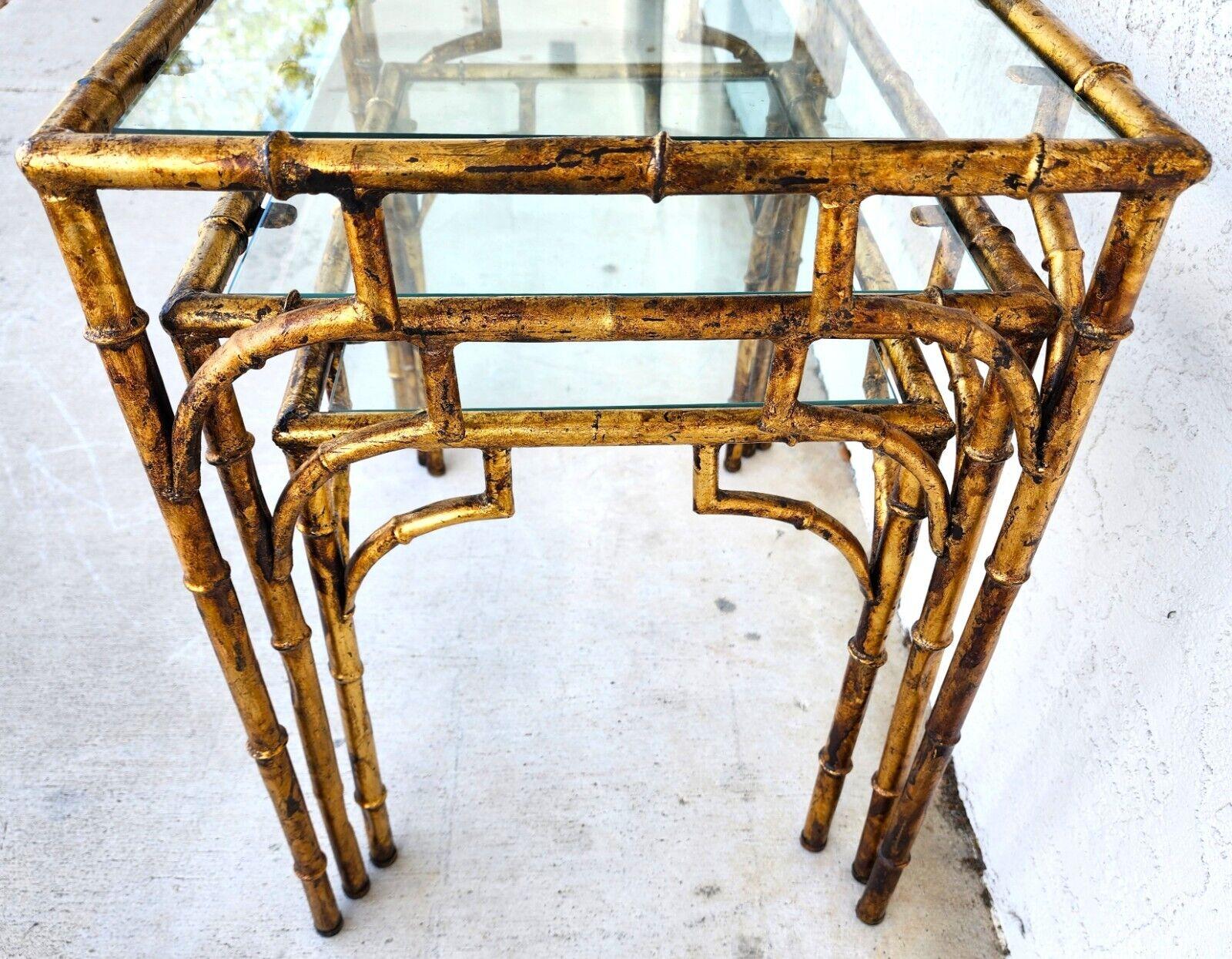 Mid-20th Century Vintage Nesting Tables Gilded Faux Bamboo Set of 3 For Sale