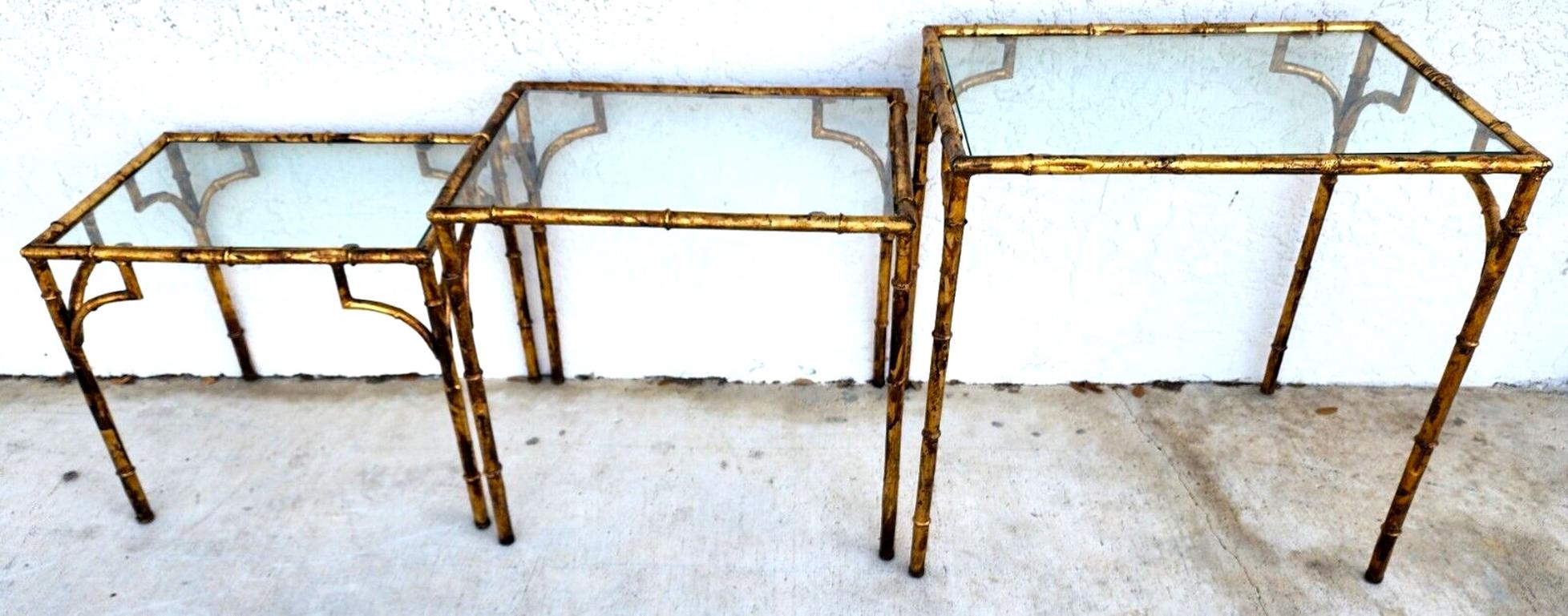 Metal Vintage Nesting Tables Gilded Faux Bamboo Set of 3 For Sale