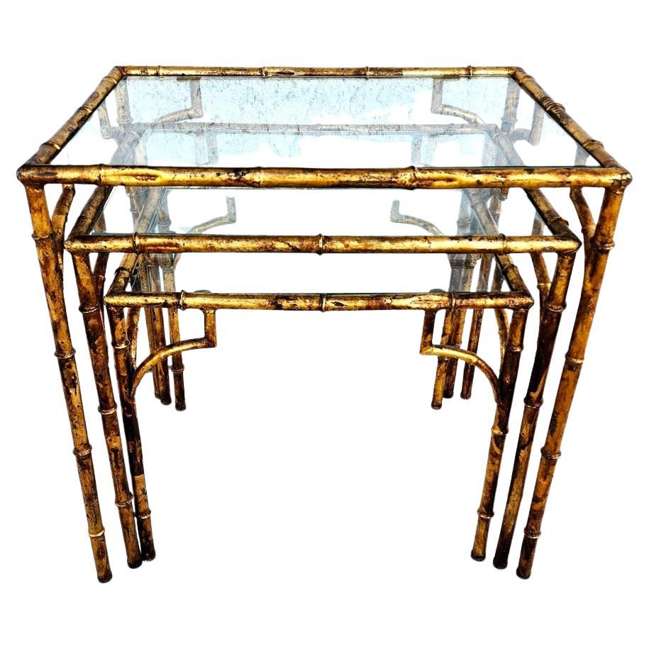 Vintage Nesting Tables Gilded Faux Bamboo Set of 3 For Sale