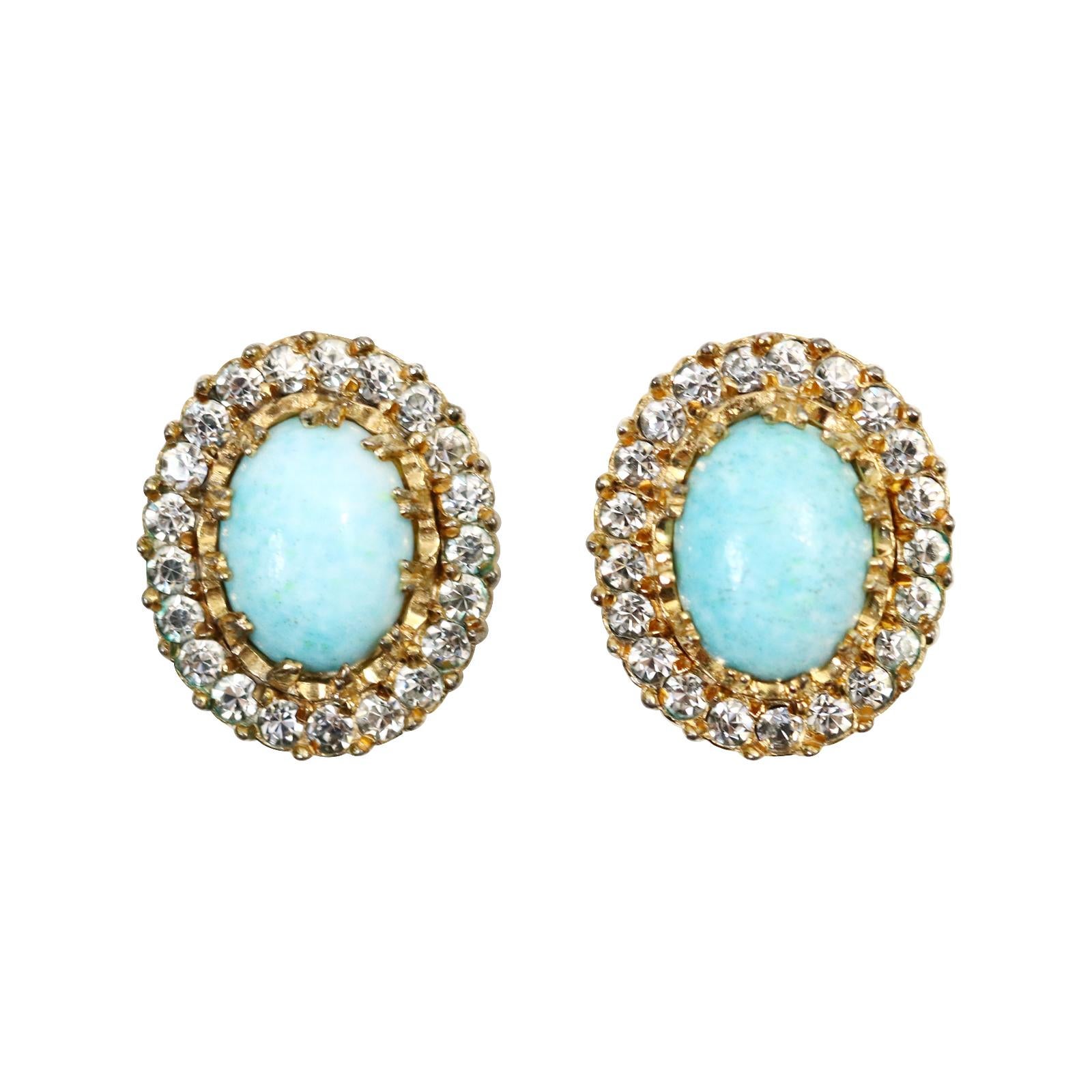 Vintage Nettie Rosenstein Faux Turquoise Diamante Earrings, circa 1960s In Good Condition For Sale In New York, NY