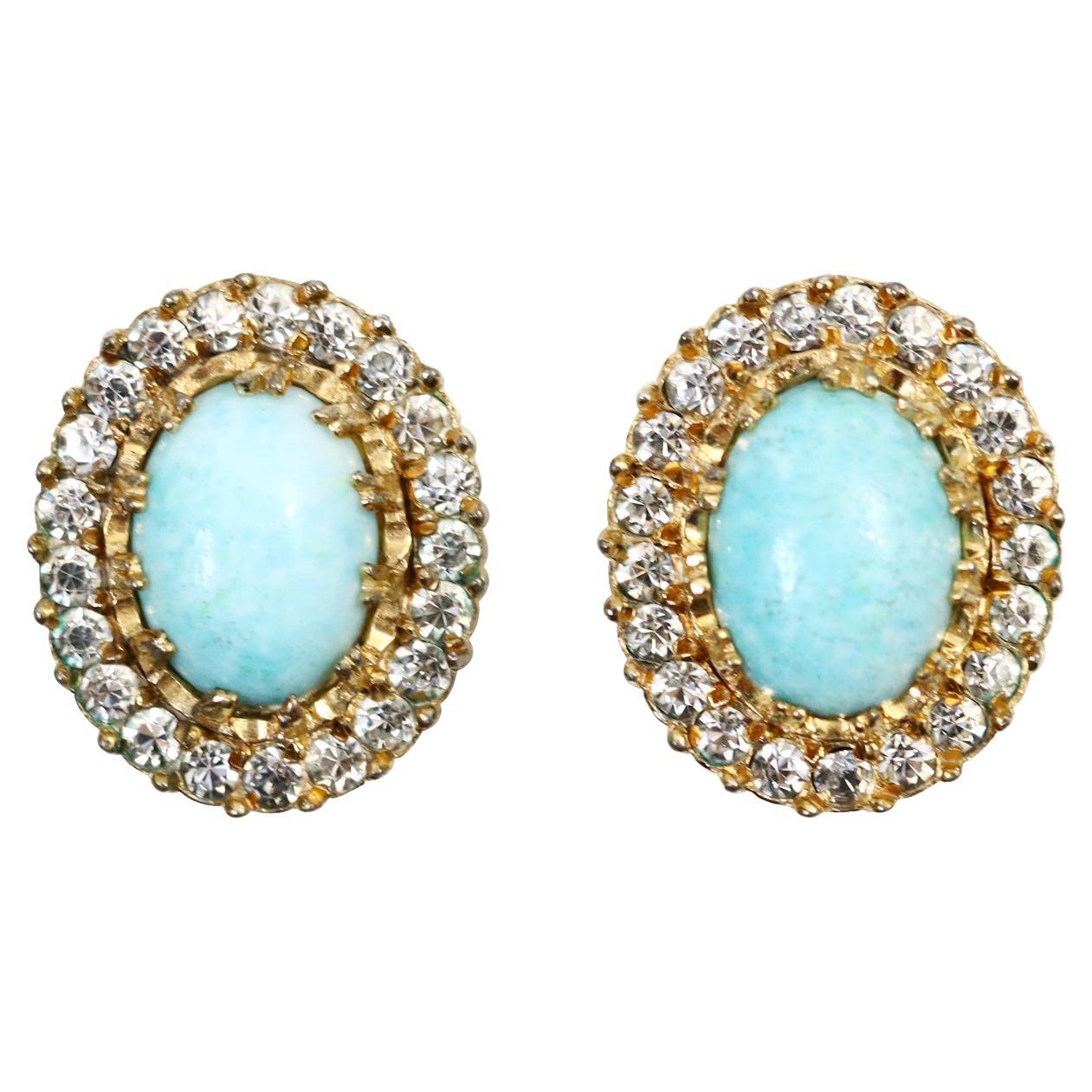 Vintage Nettie Rosenstein Faux Turquoise Diamante Earrings, circa 1960s For Sale