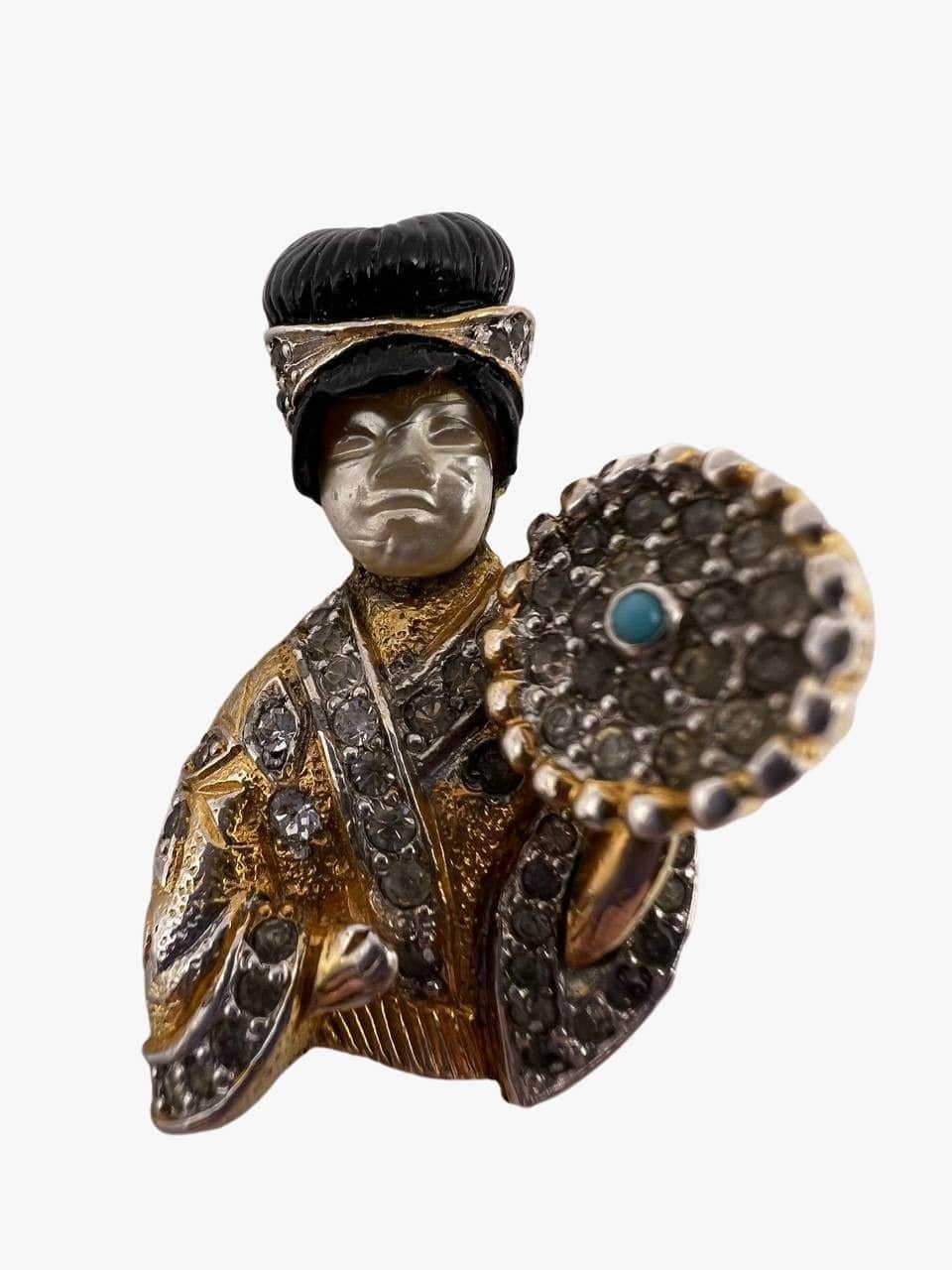 Neoclassical Vintage Nettie Rosenstein Geisha Woman Figural Rhinestone Brooch, 1960s For Sale