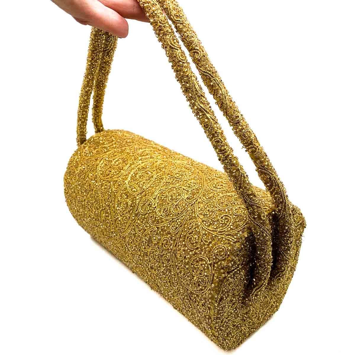 Vintage Nettie Rosenstein Gold Cylindrical Beaded Evening Bag 1930s In Good Condition For Sale In Wilmslow, GB