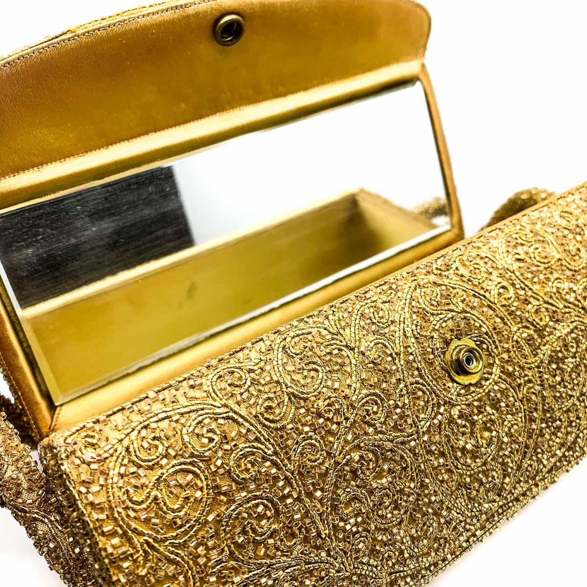Vintage Nettie Rosenstein Gold Cylindrical Beaded Evening Bag 1930s For Sale 3