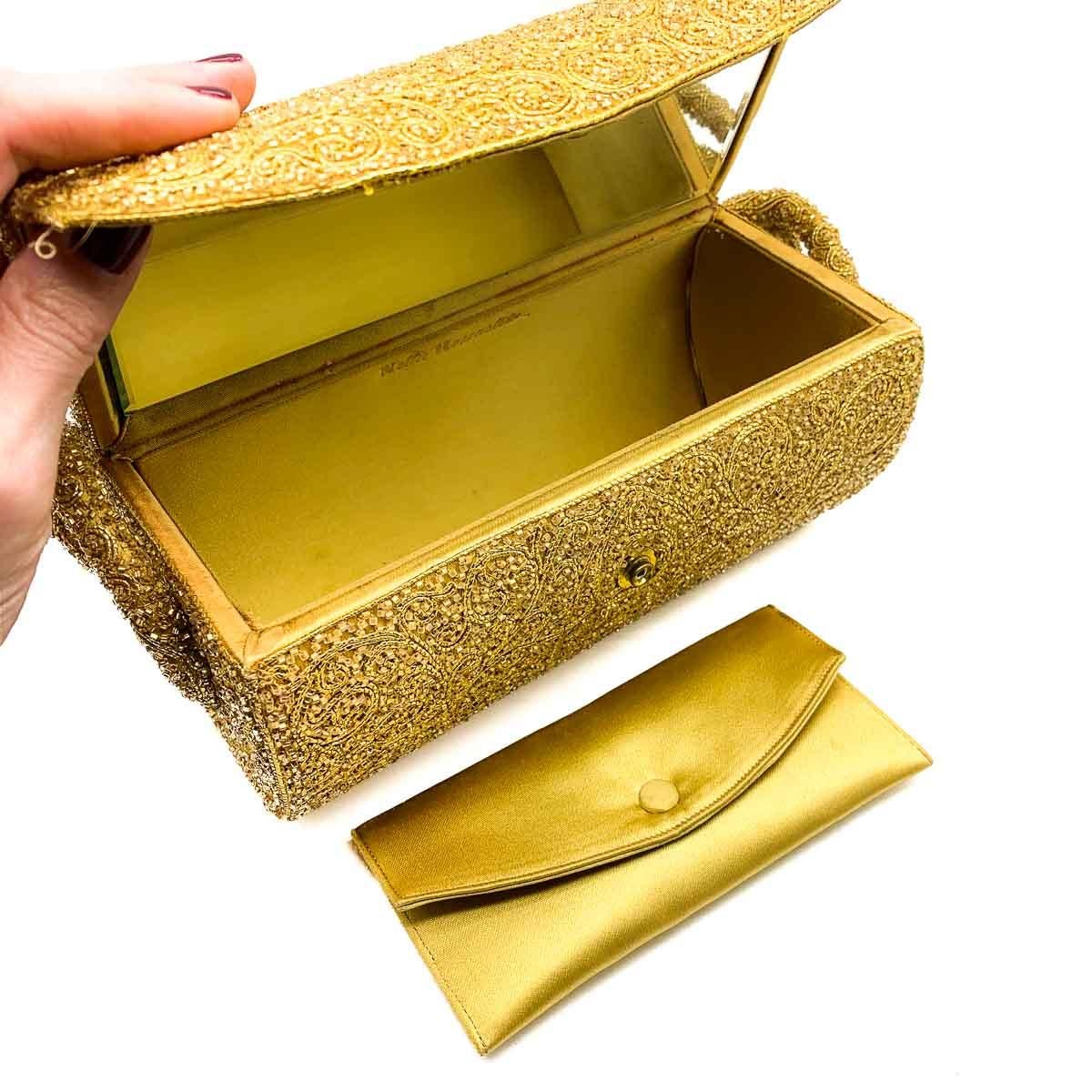 Vintage Nettie Rosenstein Gold Cylindrical Beaded Evening Bag 1930s For Sale 4