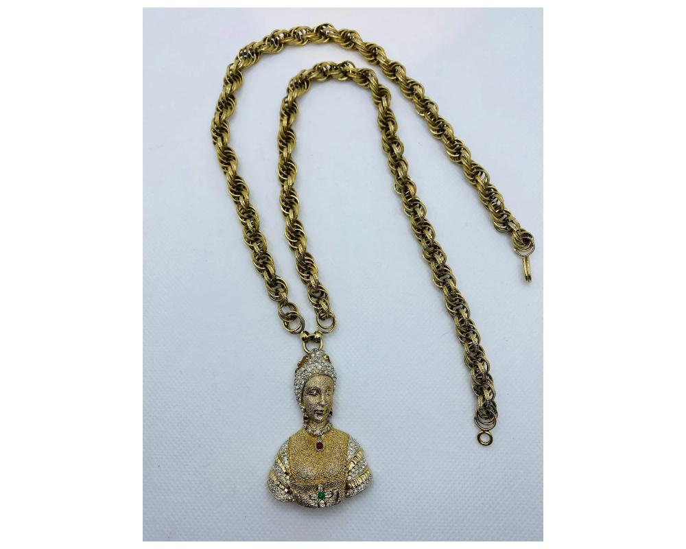 Nettie Rosenstein Signed Costume Jewelry Pendant Chain Necklace Of Lady with Rhinestones 
Nettie Rosenstein Queen Elizabeth Pendant Necklace 
In good condition Consistent with age and use there is circle with black marker in the photos circling the