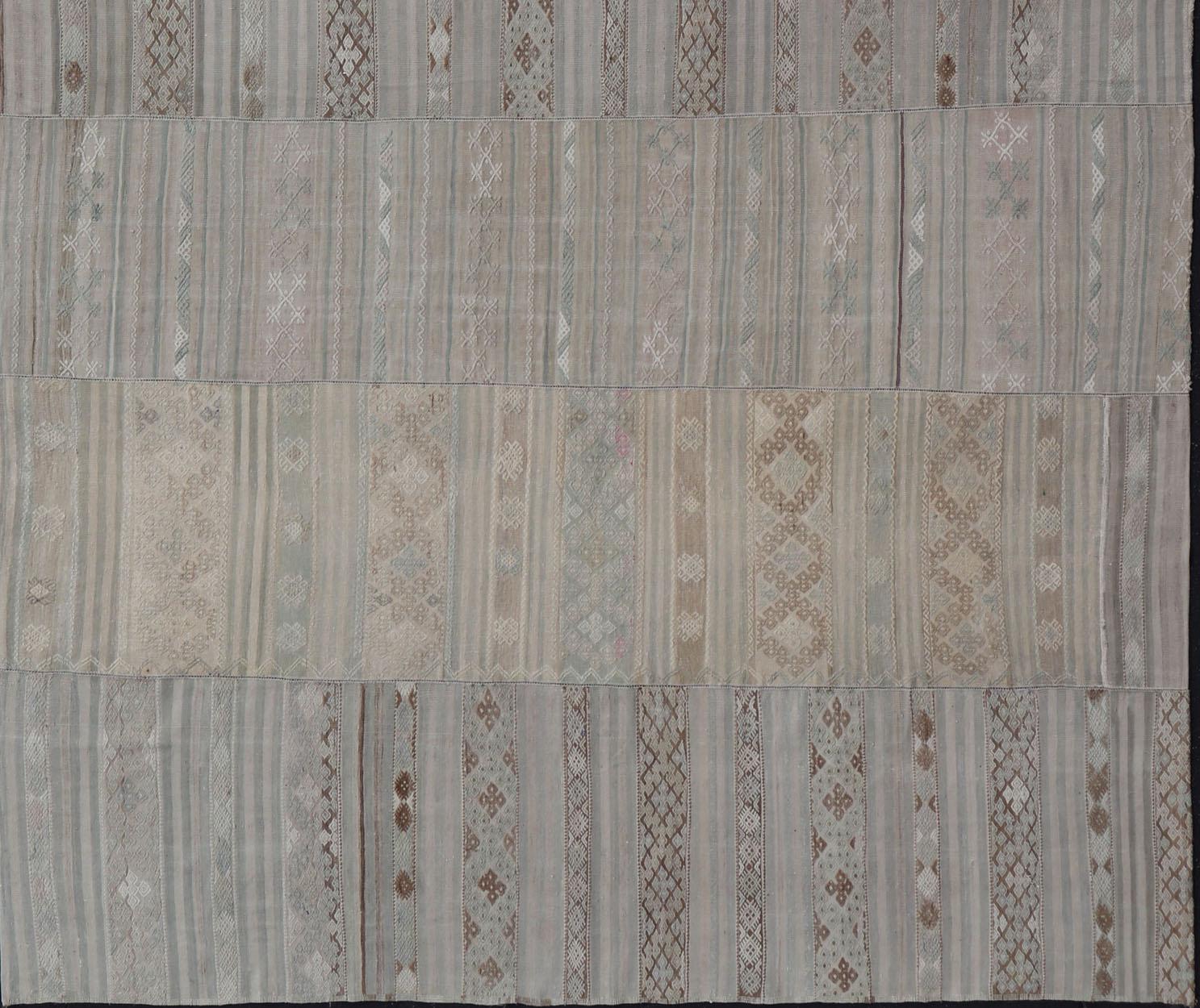 Wool Vintage Neutral Paneled Kilim Flat-Weave in Neutral Muted Tones For Sale