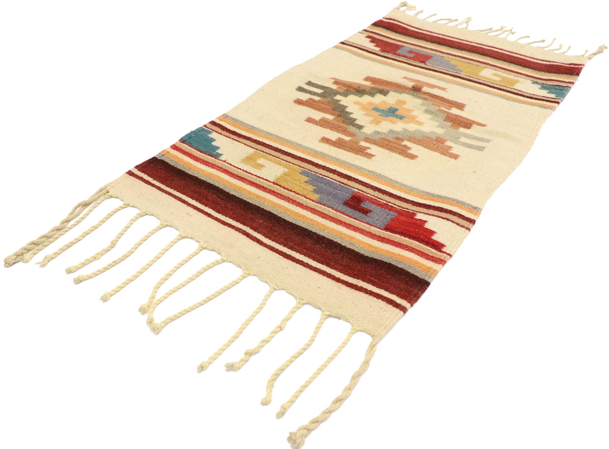 77961 Vintage New Mexico Kilim Rug with Southwestern Style, 01'09 x 03'02. With its expressive design, incredible detail and texture, this hand-woven wool vintage New Mexico Kilim rug is a captivating vision of woven beauty. The abrashed beige field