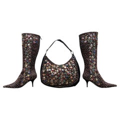 Vintage New Oscar de la Renta Coin Embellished Boots + Matching Bag It. 37 US 7