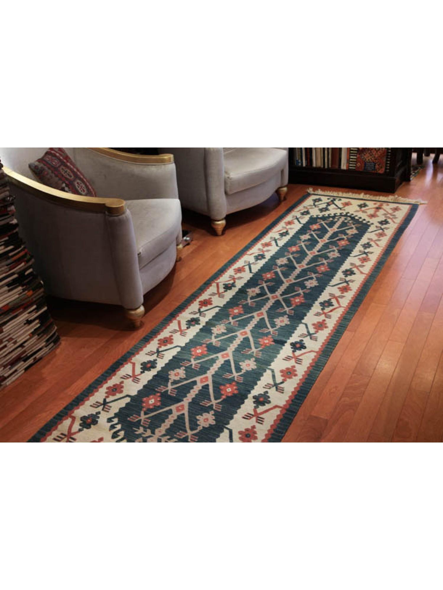 This is a long and thin runner-size, newly woven Sarkoy Kilim from Western Turkey with a rare and beautiful color composition.

We have been dealing with kilims in Turkey for many years, and the new kilims we deal with are made using traditional