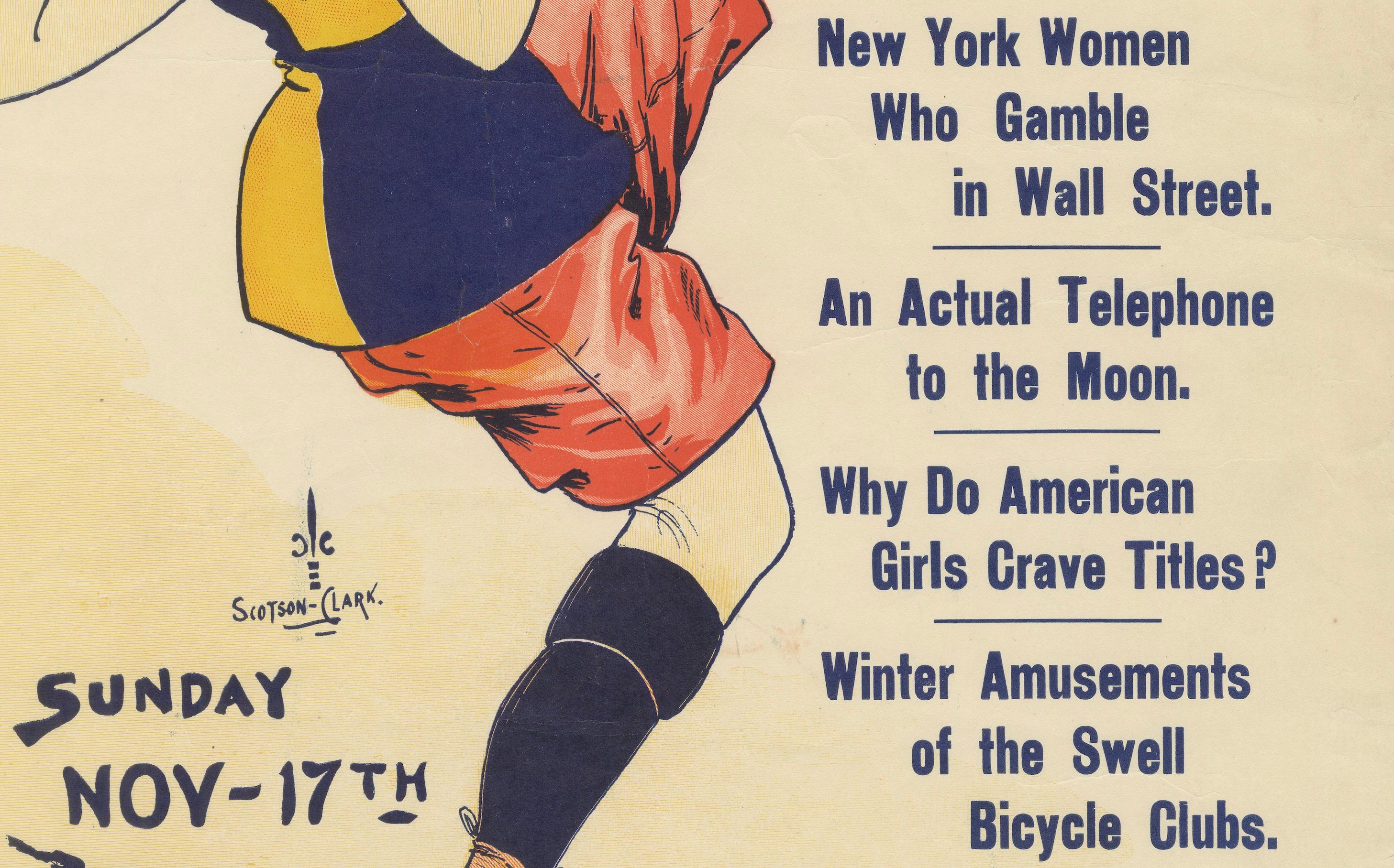 Vintage New York Sunday World Poster - Woman Kicking Football, 1895 In Good Condition For Sale In Langweer, NL