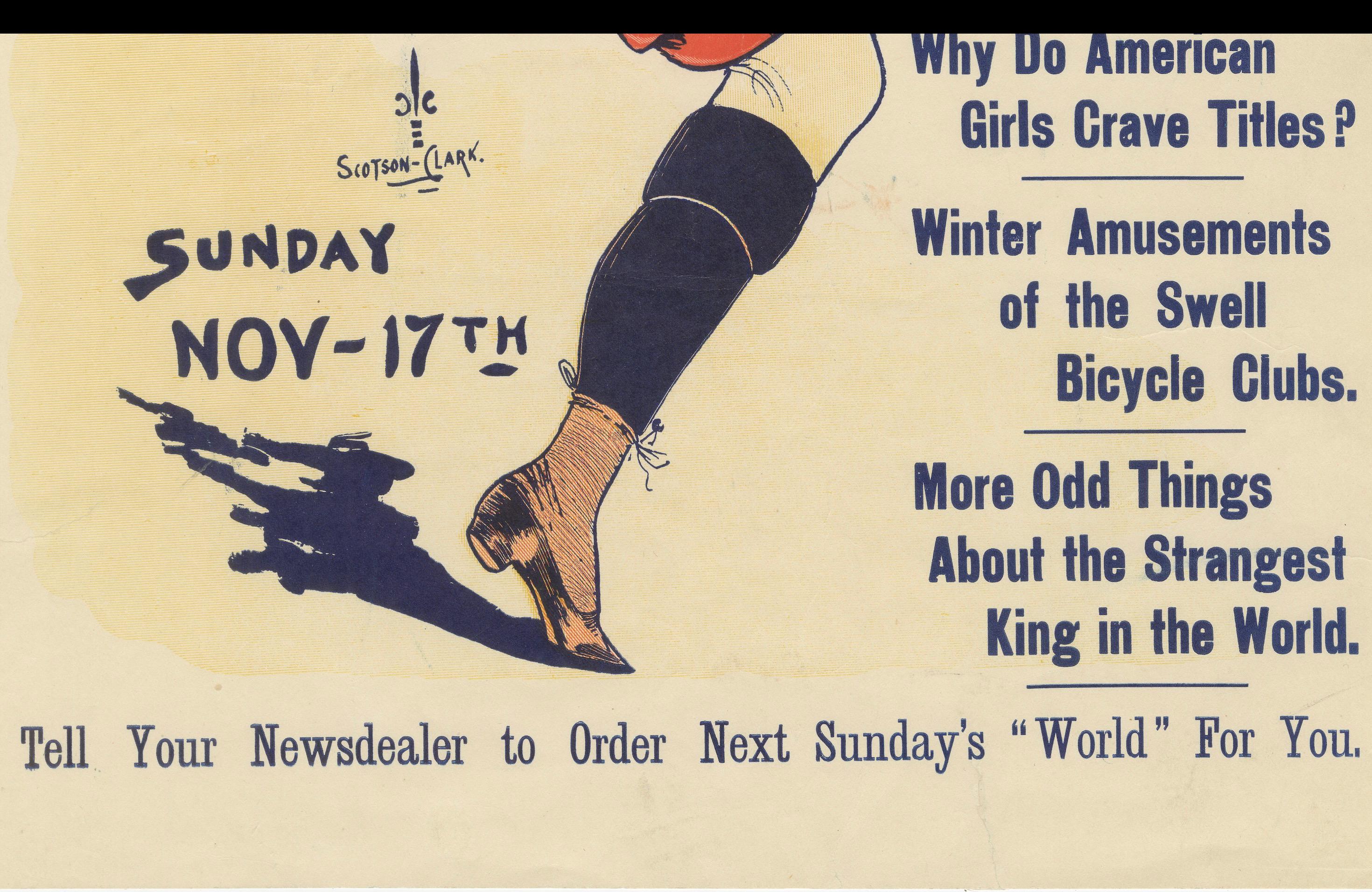 Late 19th Century Vintage New York Sunday World Poster - Woman Kicking Football, 1895 For Sale