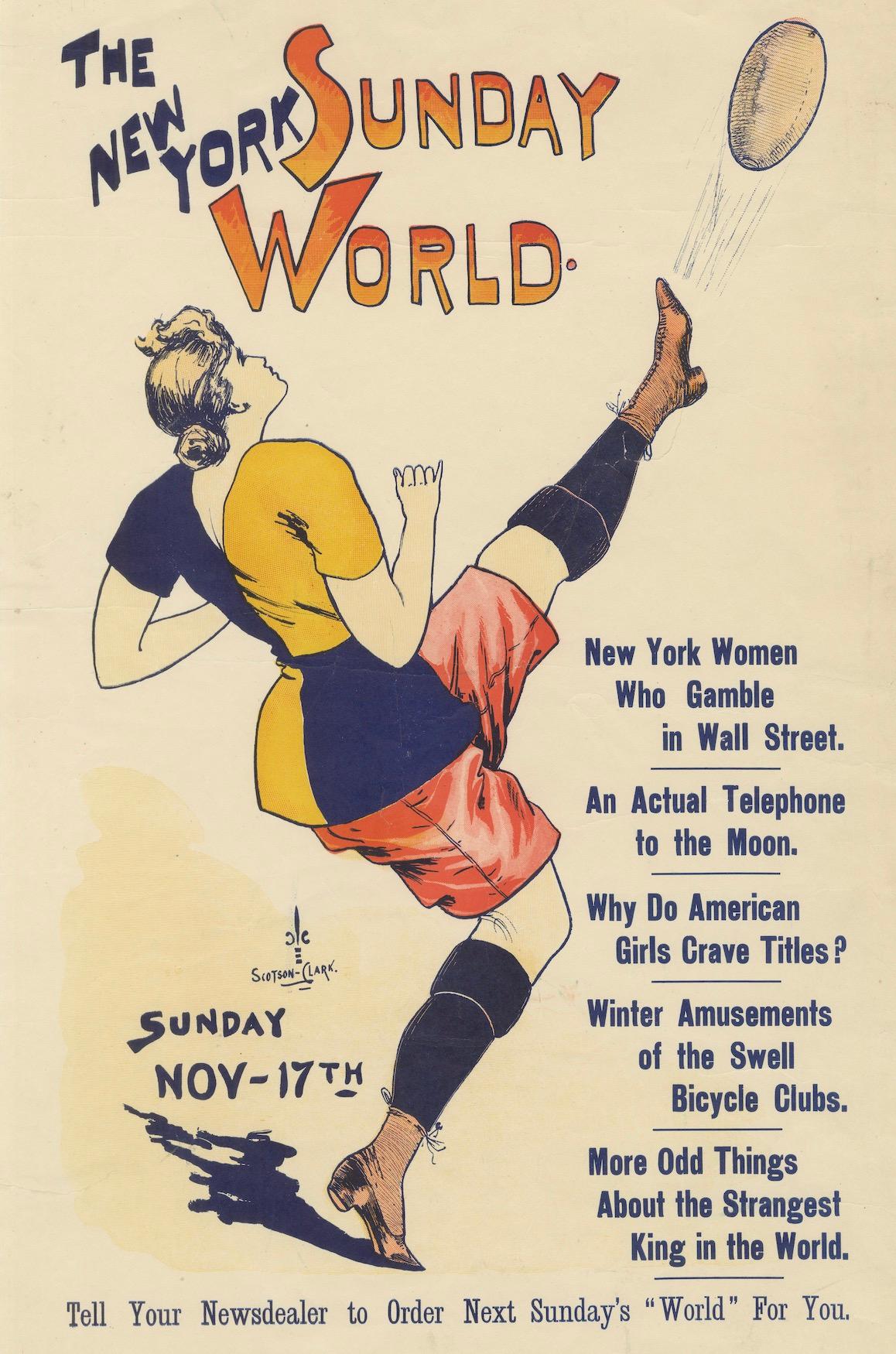 Paper Vintage New York Sunday World Poster - Woman Kicking Football, 1895 For Sale
