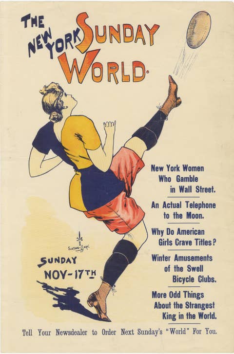 Vintage New York Sunday World Poster - Woman Kicking Football, 1895