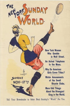 Antique New York Sunday World Poster - Woman Kicking Football, 1895