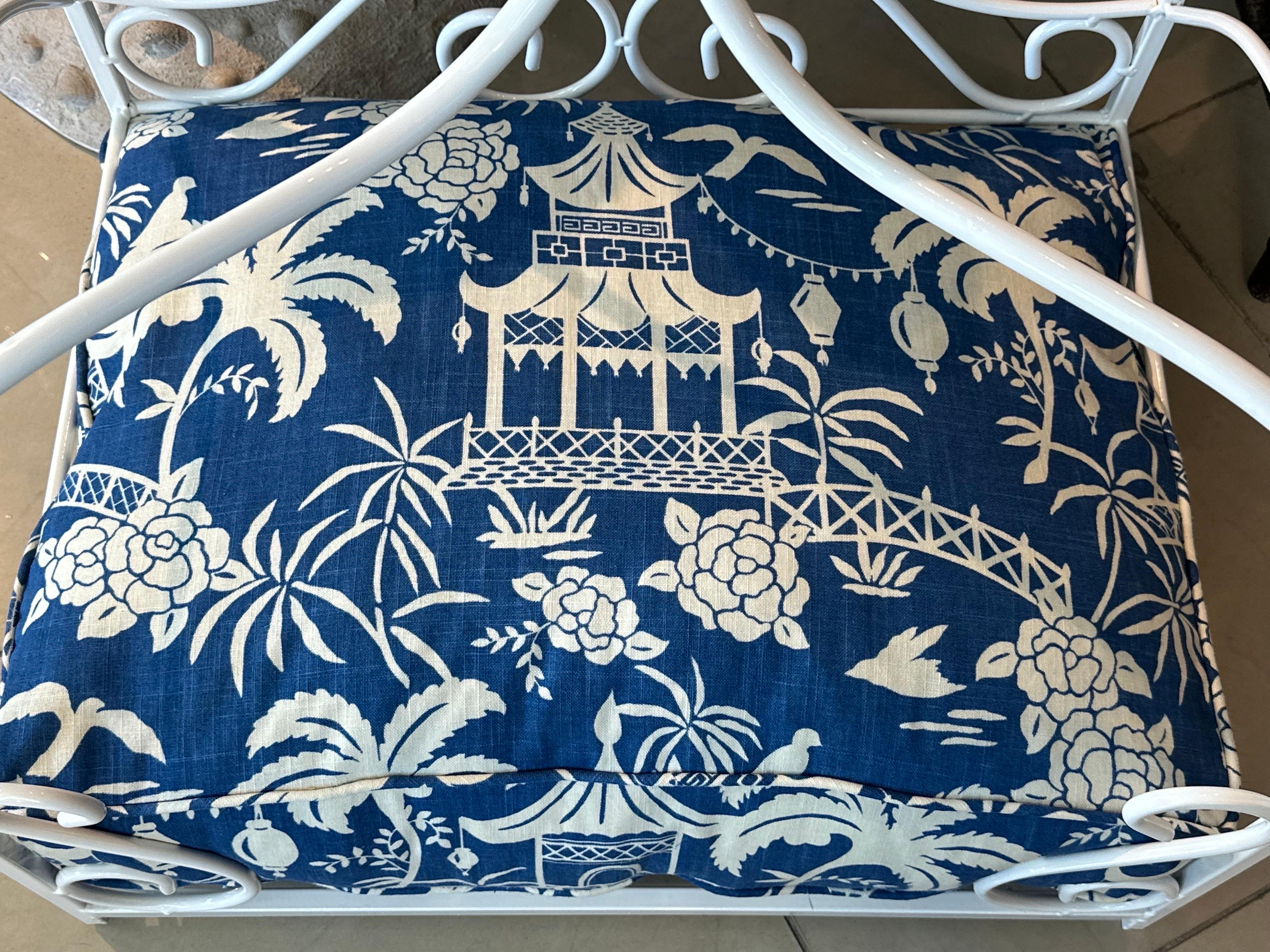 Beautiful vintage wrought iron metal canopy pagoda pet dog bed that has been newly powder-coated and newly upholstered with a custom cushion. Removable cover has zipper so it can be washed. Chinoiserie blue and white upholstery. Dimensions: 26 H x