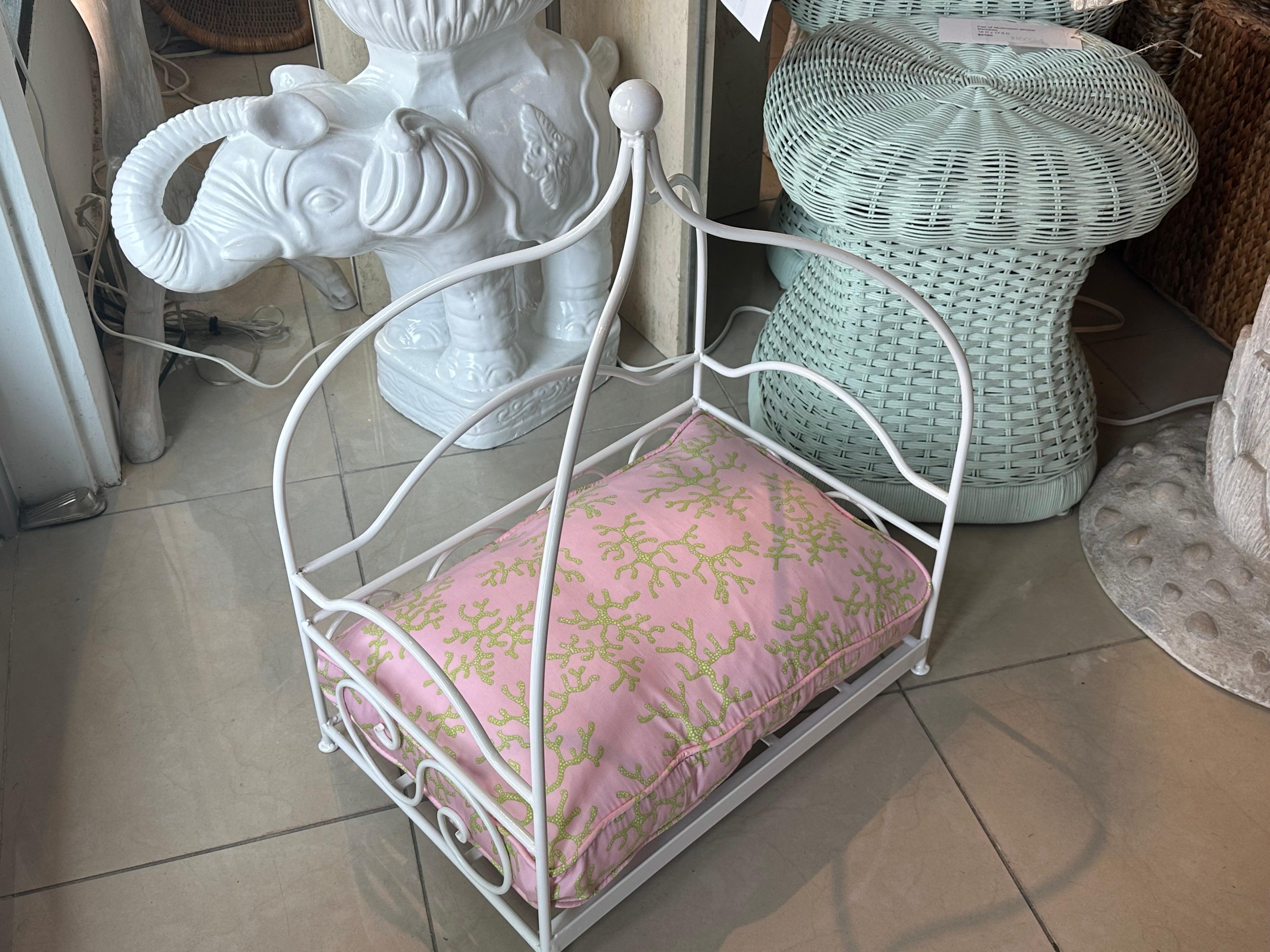 Beautiful vintage metal canopy pagoda pet dog bed that has been newly powder-coated and newly upholstered with a custom cushion. Removable cover has zipper so it can be washed. Lovely pink, green coral Palm Beachy upholstery. Dimensions: 25.5 H x 20