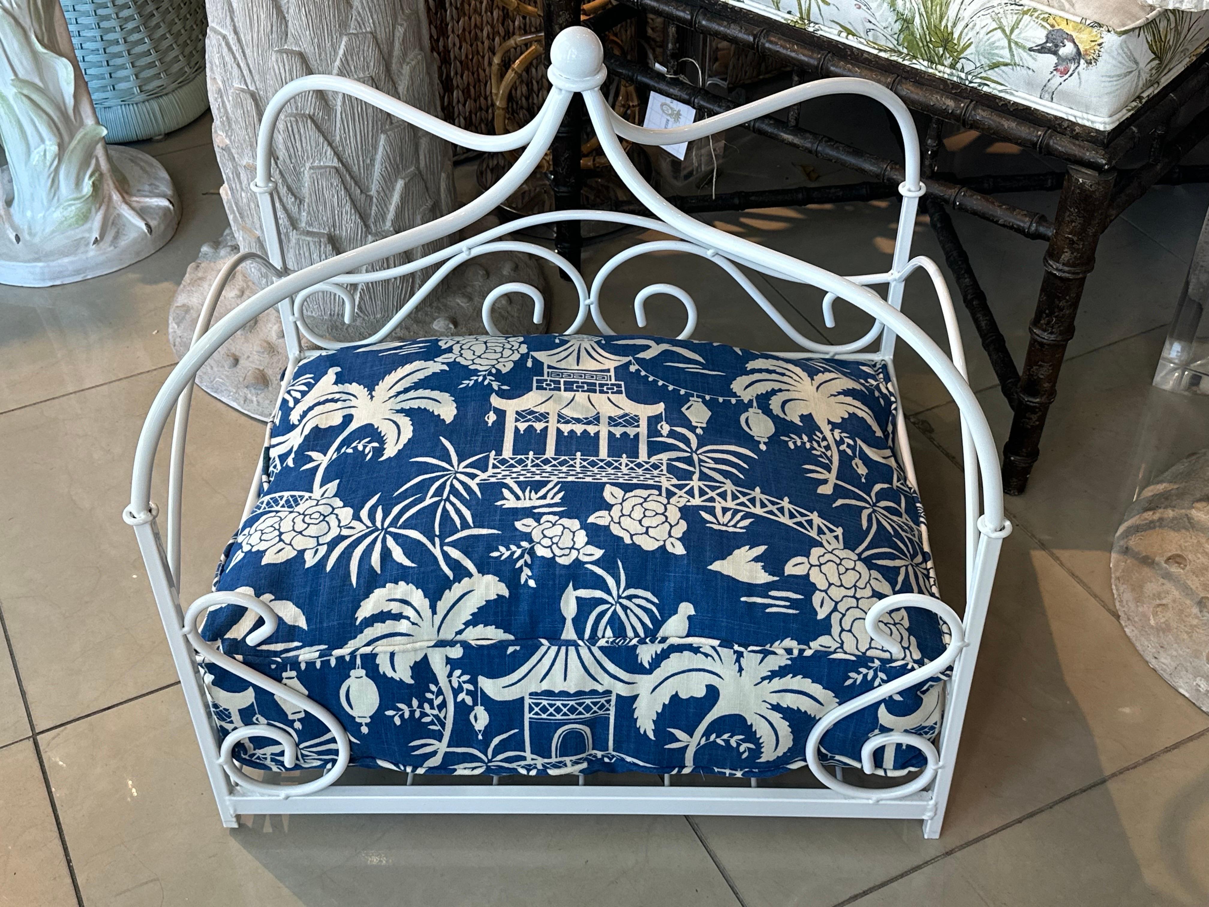 Chinoiserie Vintage Newly Finished Upholstered Metal Canopy Dog Pet Bed Palm Beach Pagoda For Sale