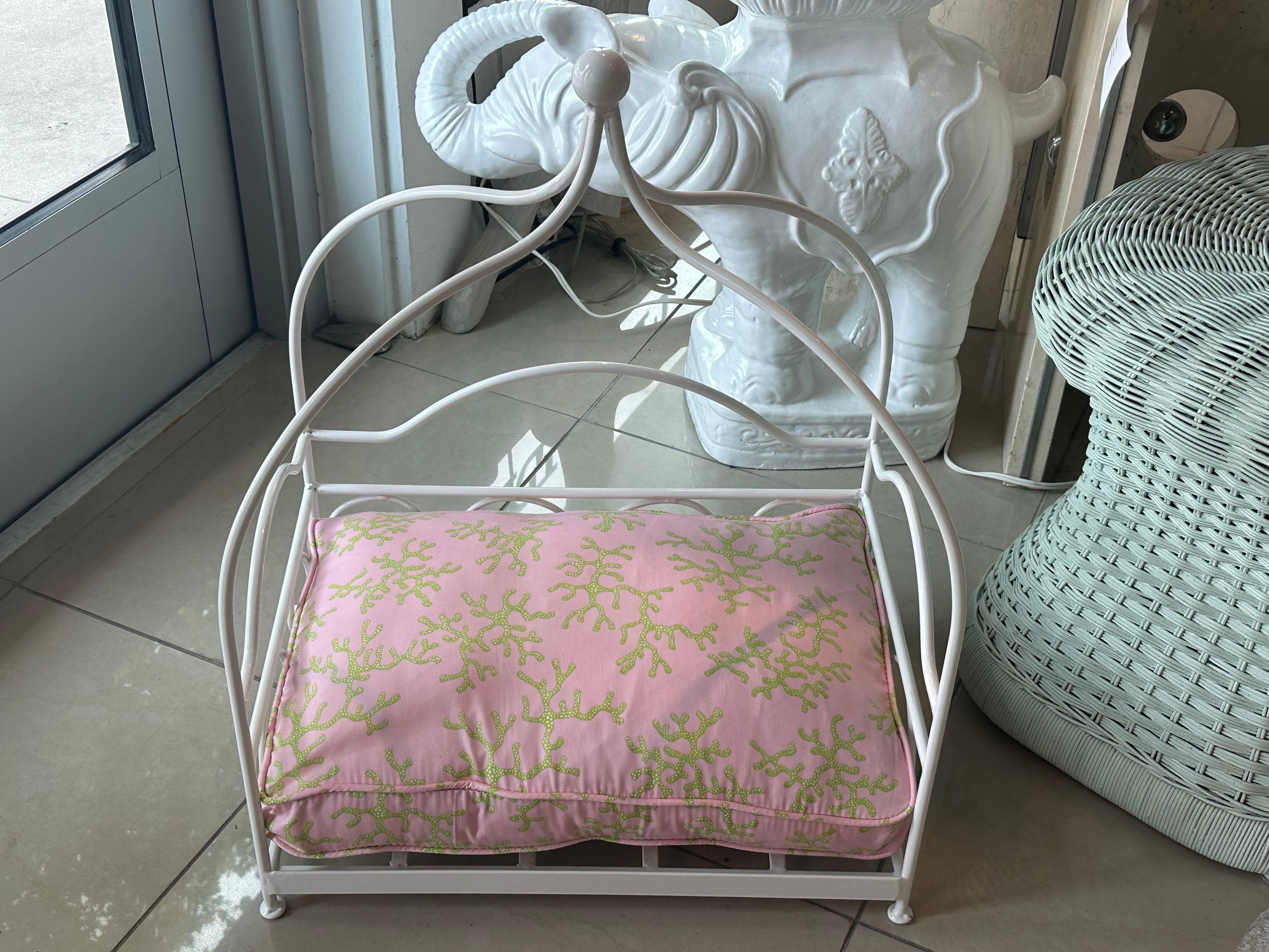 American Vintage Newly Finished Upholstered Metal Canopy Dog Pet Bed Palm Beach Pagoda For Sale