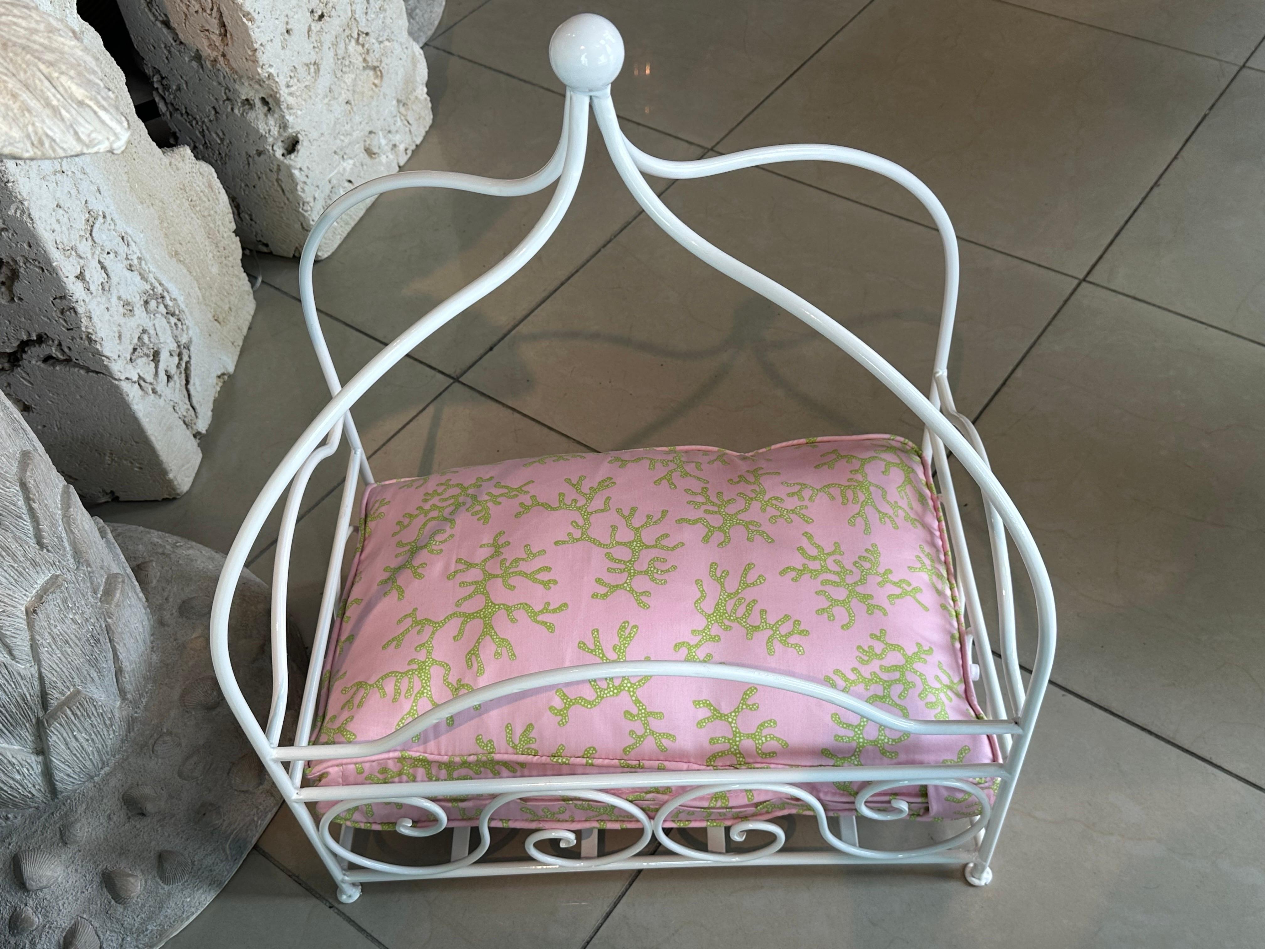 Vintage Newly Finished Upholstered Metal Canopy Dog Pet Bed Palm Beach Pagoda For Sale 2