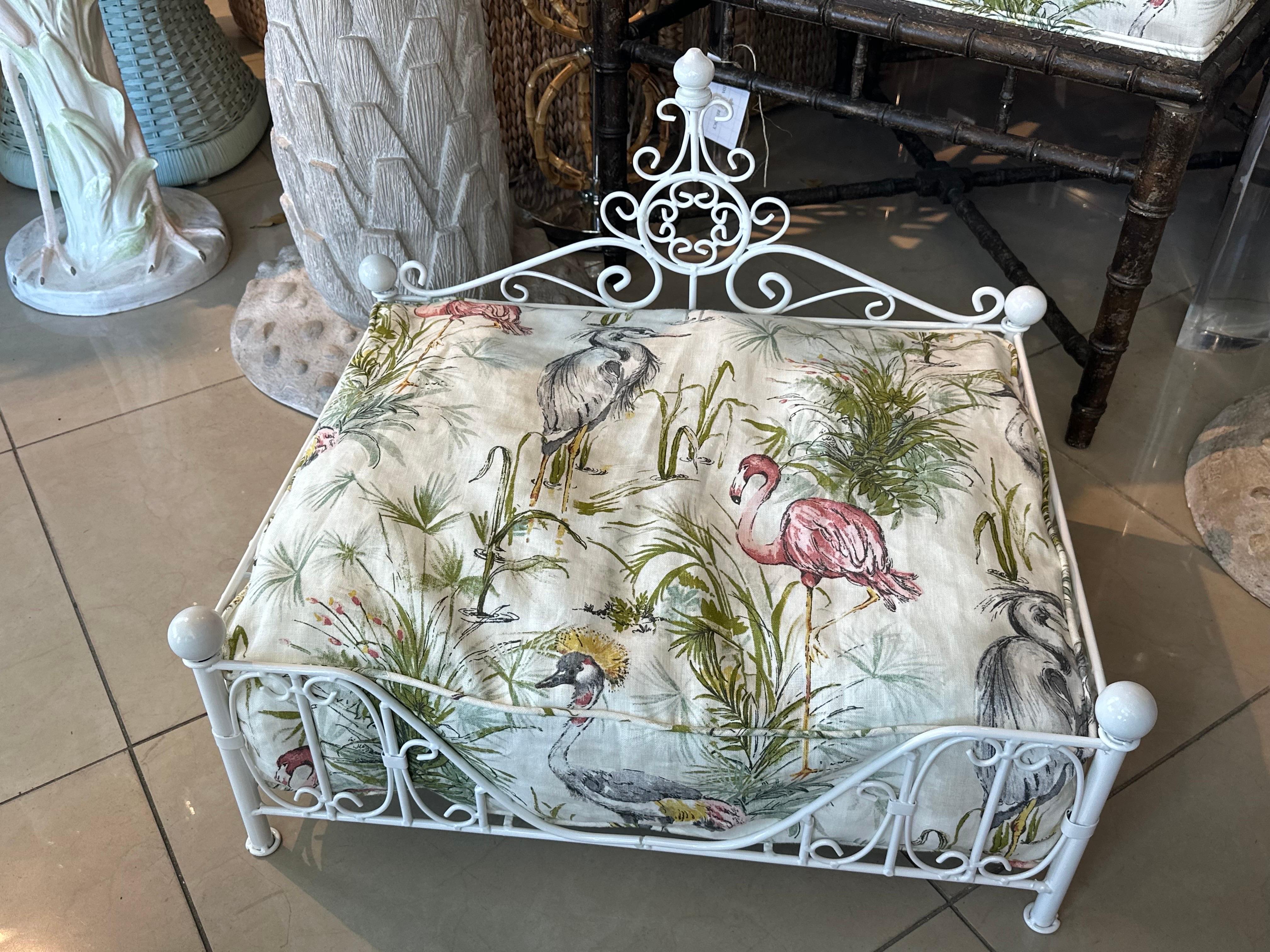 Vintage Newly Finished Upholstered Metal French Dog Pet Bed Palm Beach Birds  For Sale 6