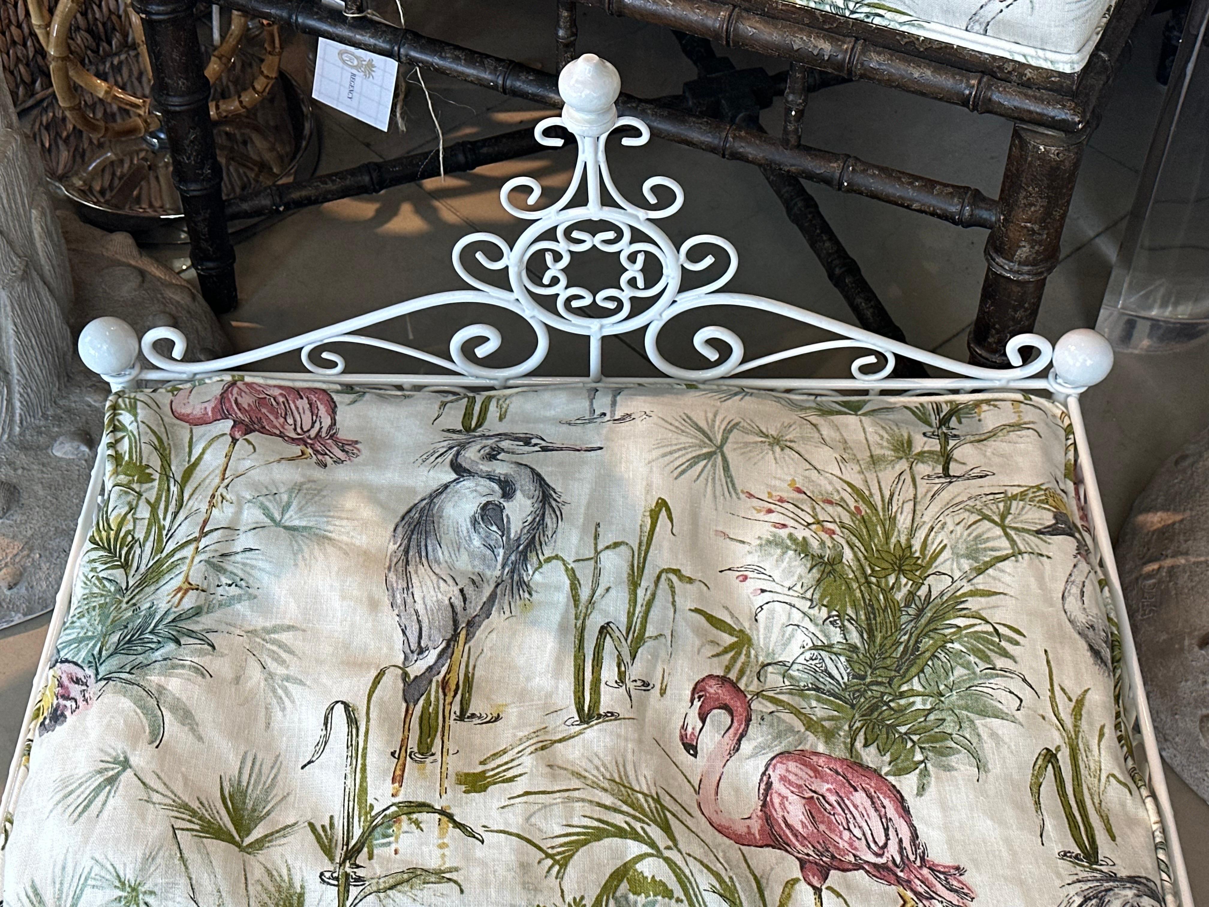 Beautiful vintage ornate metal pet dog bed. Newly powder-coated. New tropical bird, flamingo upholstery, new fill with removable insert for washing, zipper cover. Soft & comfy! Dimensions: 19.5 H x 20.5 D x 26.5 W. Please let me know if you would